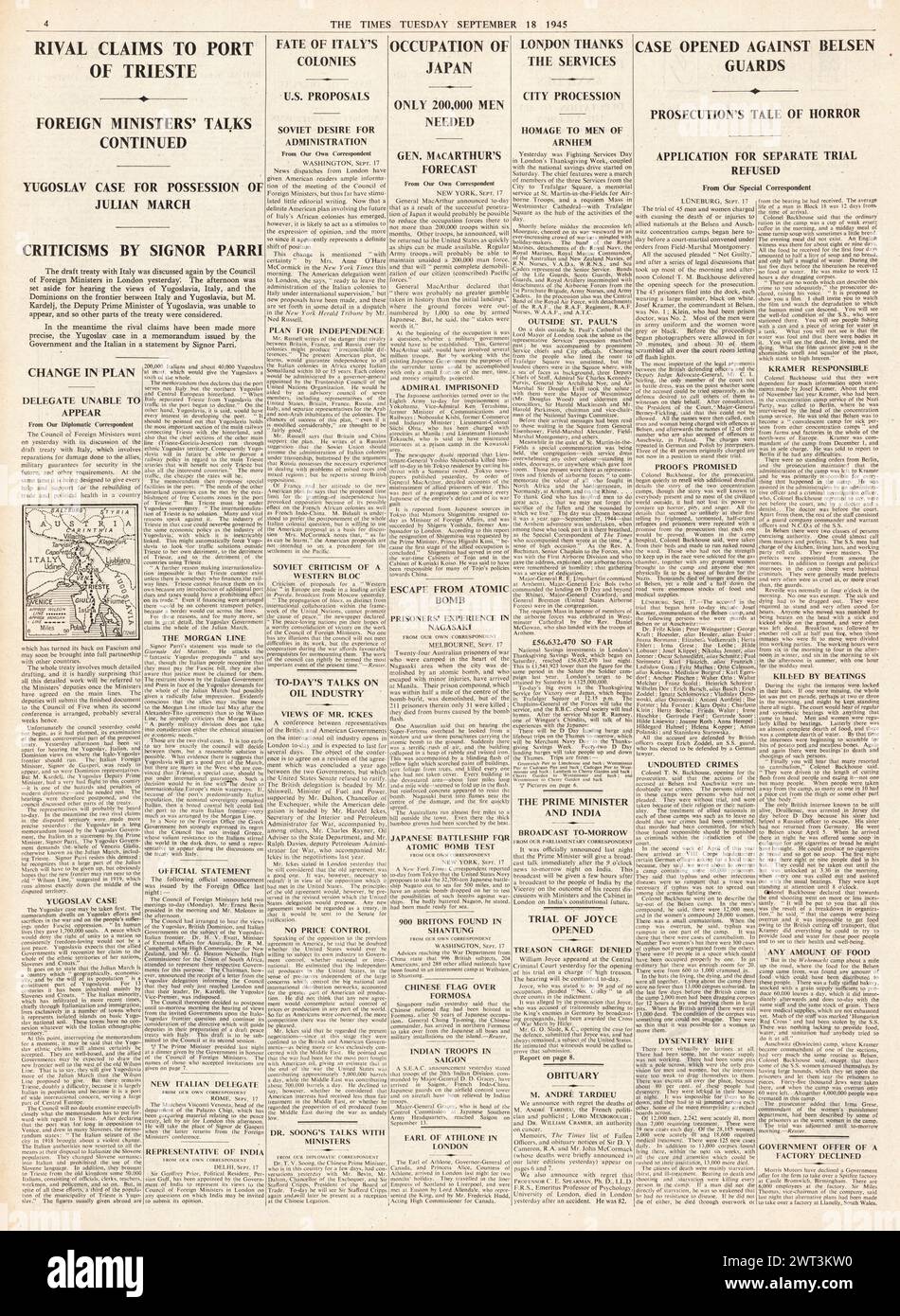 1945 The Times riportava rivendicazioni rivali a Trieste, occupazione del Giappone, processi Belsen per iniziare e processo a William Joyce Foto Stock