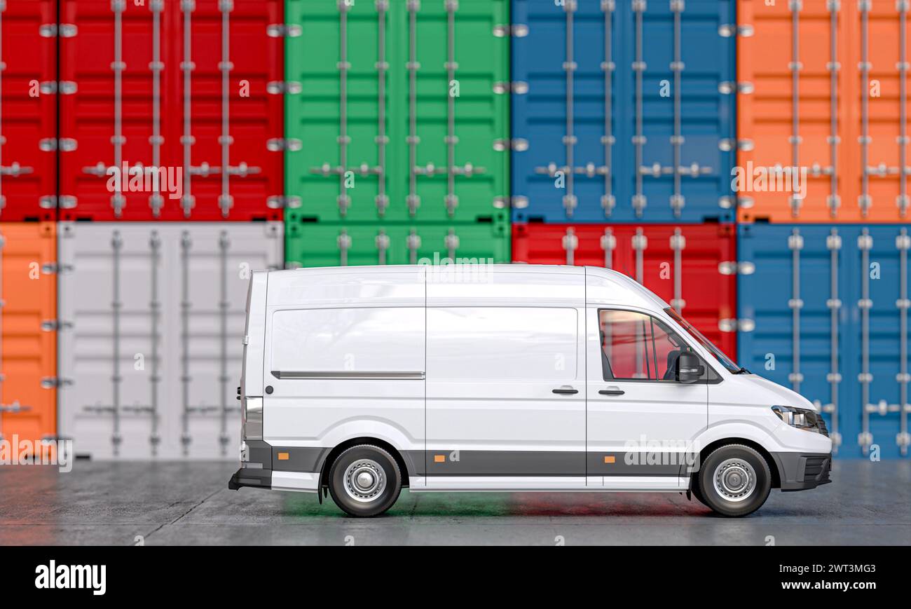 furgone cargo con rendering 3d parcheggiato pronto per il carico in un hub logistico con container colorati Foto Stock