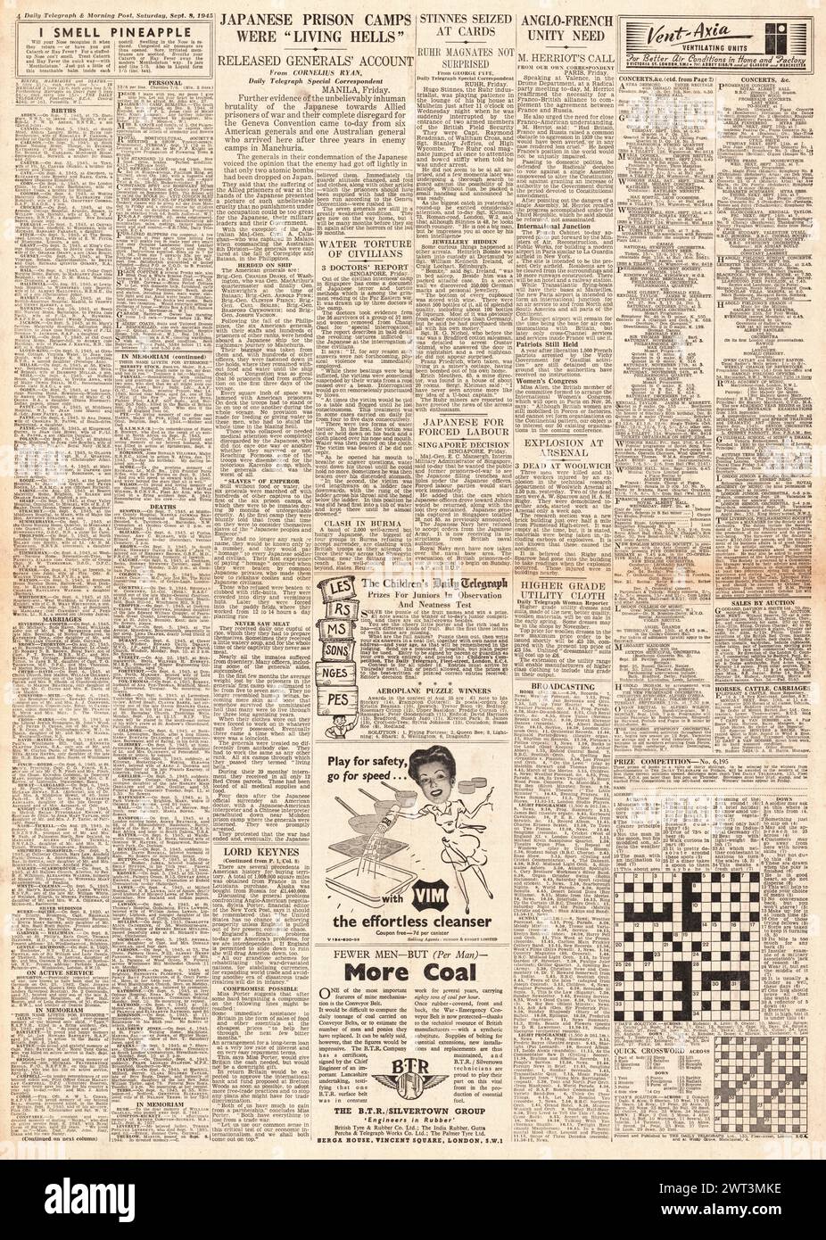 1945 Daily Telegraph pagina 4 vita nei campi di prigionia gestiti dai giapponesi Foto Stock