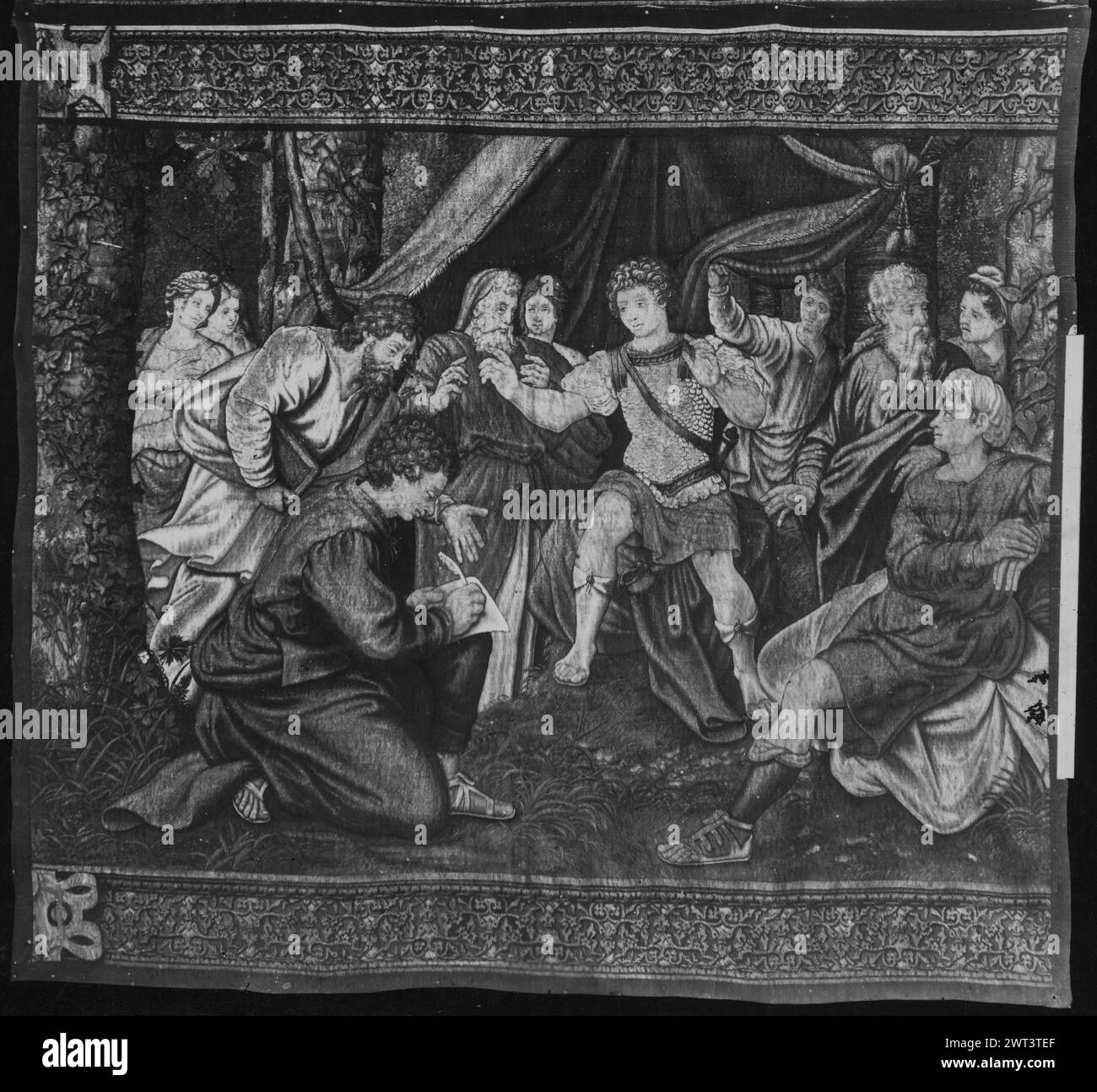 Romolo che dà le leggi. Vermeyen, Jan Cornelis (Barbalonga) (olandese (prima del 1600) - Paesi Bassi del Nord, CA.1500-1559) (progettato dopo) [tessitore] Pannemaker, Wilhelm de (olandese (prima del 1600) - Fiandre, atto. 1535-1578) (officina, attr.) c. 1550 arazzi dimensioni: A 212 x L 232 cm arazzi materiali/tecniche: Lana e seta; filo metallico (oro); filo metallico (argento) Cultura: Fiammingo tessitura Centro: Bruxelles storia della proprietà: Inventario di Fernando VII (1834). Inventario di "Las Tapicerías de la Corona" (1880). Spagna, Madrid, Palacio Real de Madrid, accno. A.360-12150. Entro FORE Foto Stock