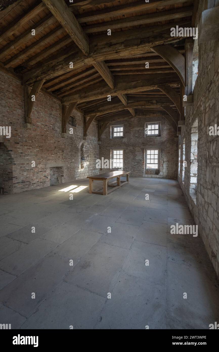 Si ritiene che il piano superiore del Burton Agnes Manor sia la sala grande di Sir Walter Griffin, il tetto in legno è originale del XV secolo. Foto Stock