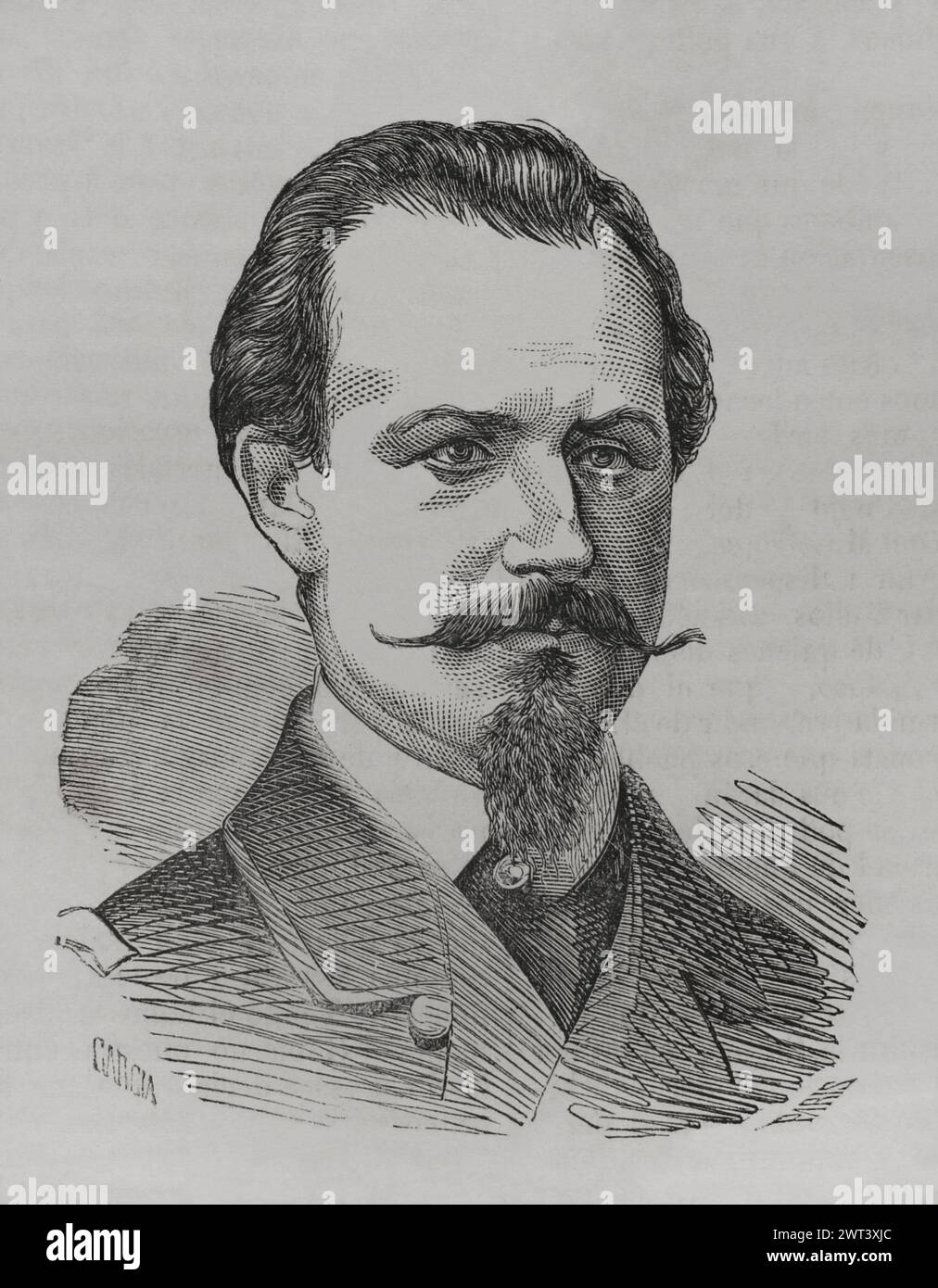 Jaroslaw Dombrowski (1836-1871). Nobile polacco e ufficiale militare che prestò servizio nell'esercito imperiale russo. Fuggì in Francia dove combatté con la comune di Parigi nel 1871, delle cui forze fu infine nominato comandante in capo. E' morto di ferite che ha sostenuto combattendo sulle barricate. Verticale. Incisione di Marcelo París. Historia de la Guerra de Francia y Prusia (storia della guerra tra Francia e Prussia). Volume II Pubblicato a Barcellona, 1871. Autore: Marcelo París (c. 1846-1901). Incisore spagnolo del XIX secolo. Foto Stock