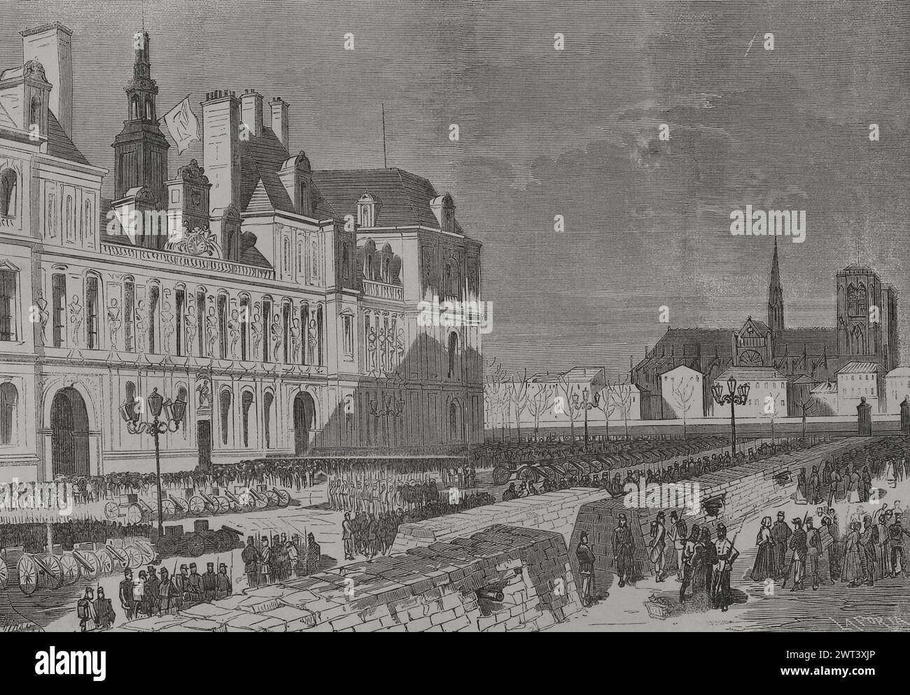 Francia. Comune di Parigi. Movimento rivoluzionario popolare che prese il potere a Parigi dal 18 marzo al 28 maggio 1871, durante la guerra franco-prussiana. Barricate e parco di artiglieria dei comuni, Place de l'Hôtel de Ville. Disegno di Miranda. Incisione di Laporta. Historia de la Guerra de Francia y Prusia (storia della guerra tra Francia e Prussia). Volume II Pubblicato a Barcellona, 1871. Autore: Fernando Miranda (1842-1925). Artista spagnolo. Foto Stock