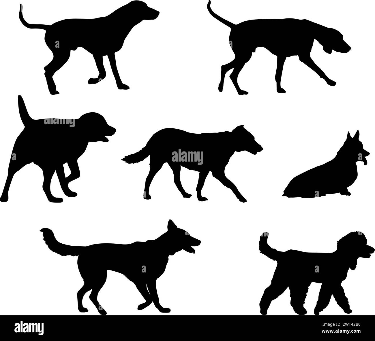 Sagome nere di cani su sfondo bianco. Illustrazione Vettoriale