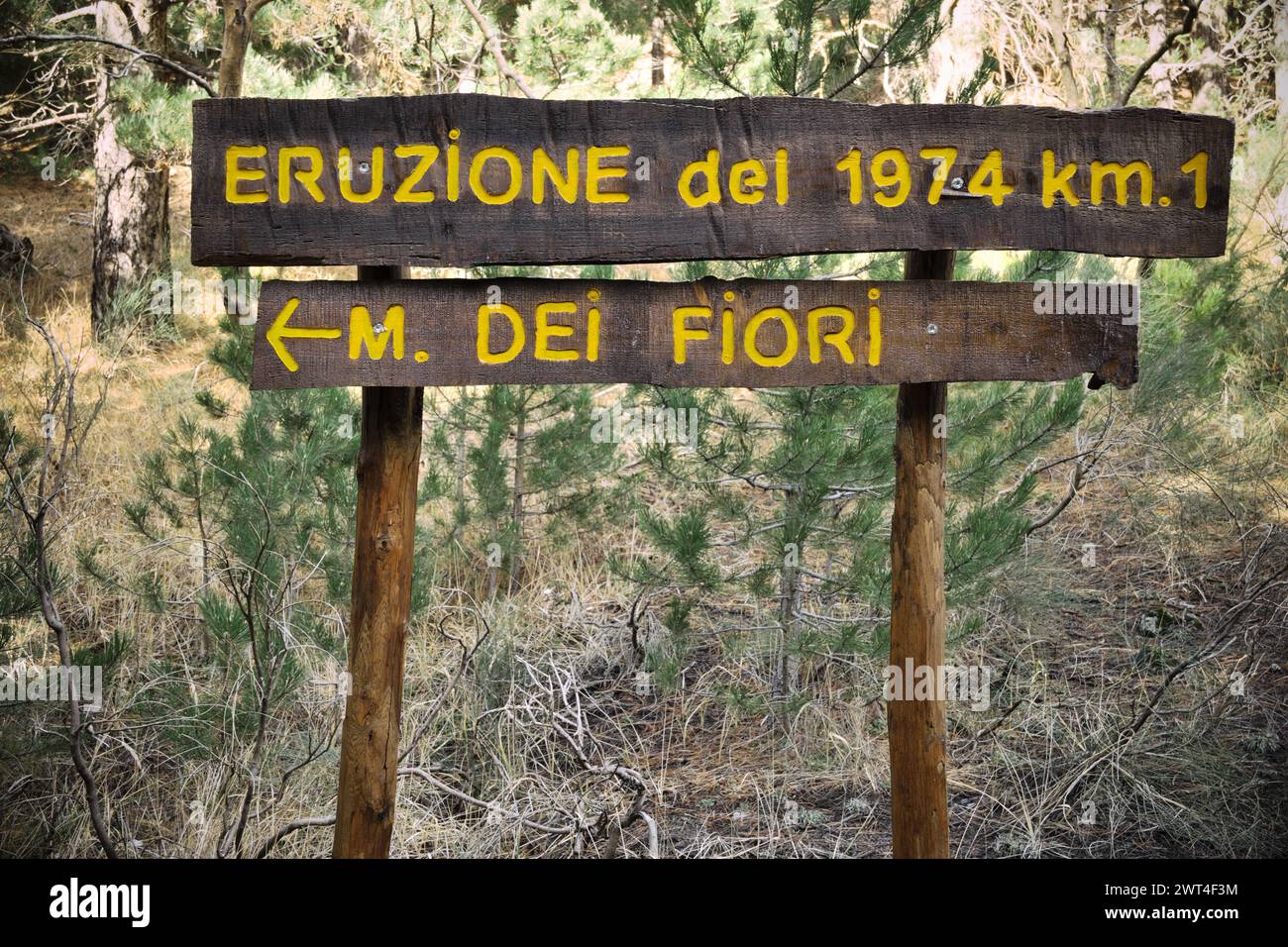 Cartello informativo escursionistico in legno "Eruzione del 1974 km.1 - M. dei Fiori" nel Parco dell'Etna, Sicilia, Italia (il toponimo corretto sarebbe "M. De Fiore" dal n. Foto Stock