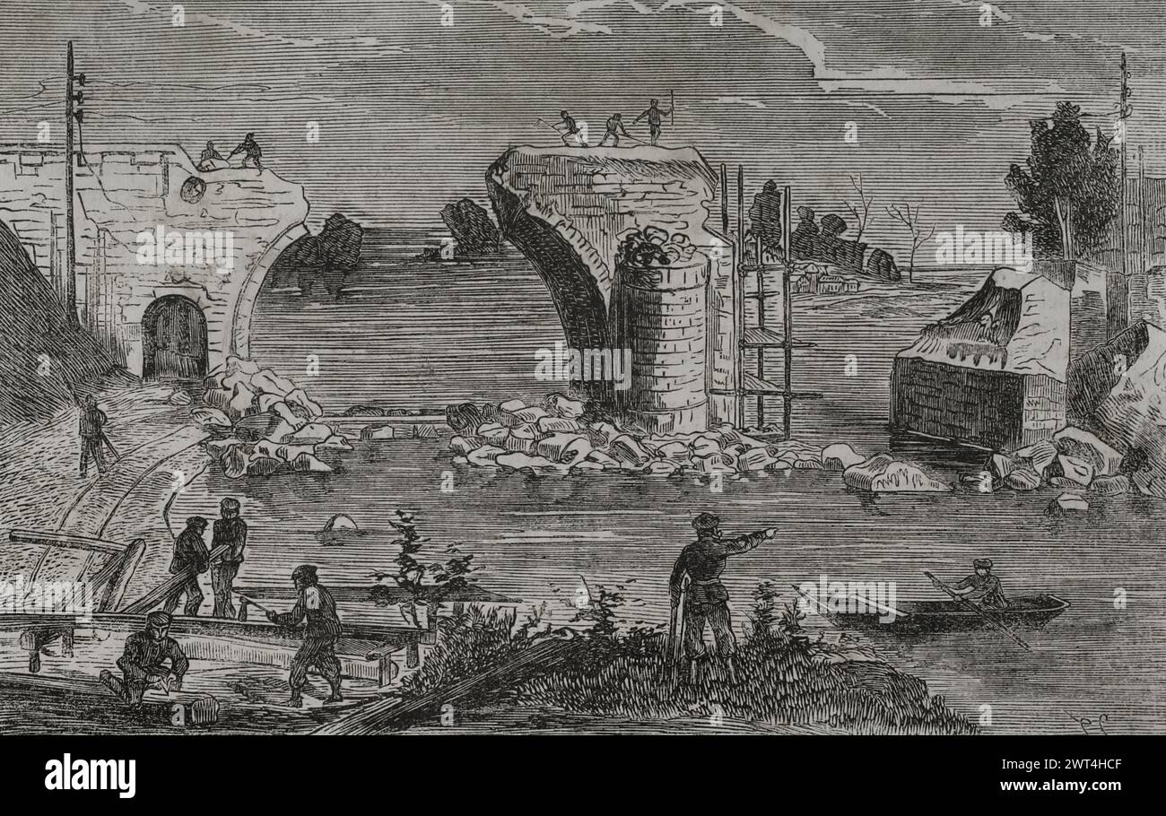 Guerra franco-prussiana (1870-1871). Riparazione del ponte ferroviario sul fiume Marna a Trilport, vicino a Meaux, distrutto dai francesi nel 1870. Incisione. Historia de la Guerra de Francia y Prusia (storia della guerra tra Francia e Prussia). Volume II Pubblicato a Barcellona, 1871. Foto Stock