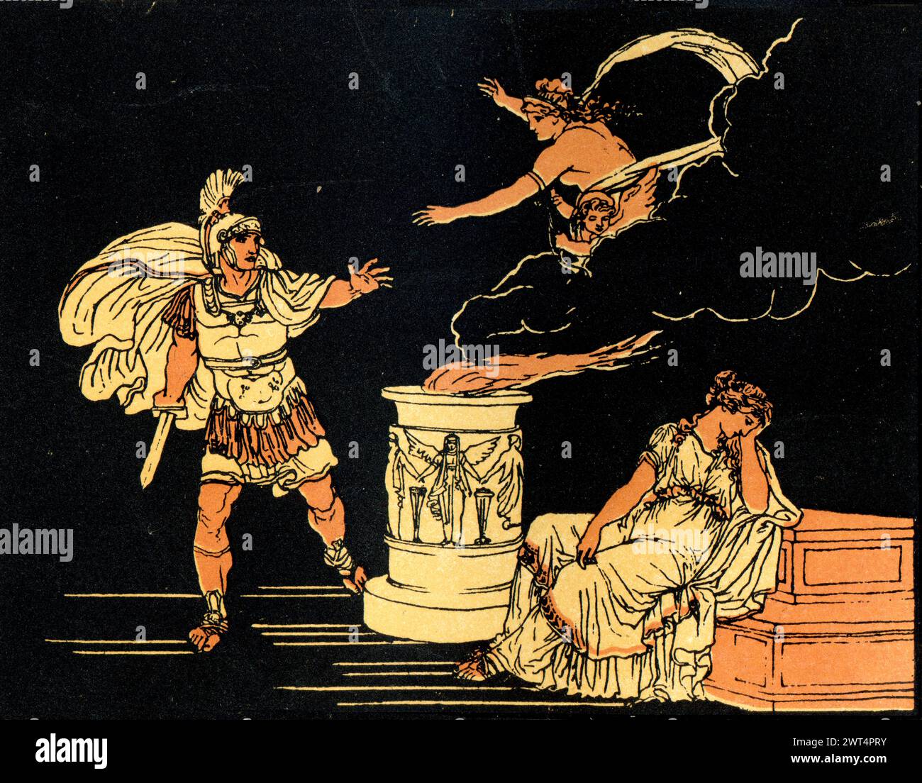 Illustrazione vintage Enea e Elena di Troia, scena dall'Eneide un poema epico latino che racconta la leggendaria storia di Enea, un troiano fuggito dal Foto Stock