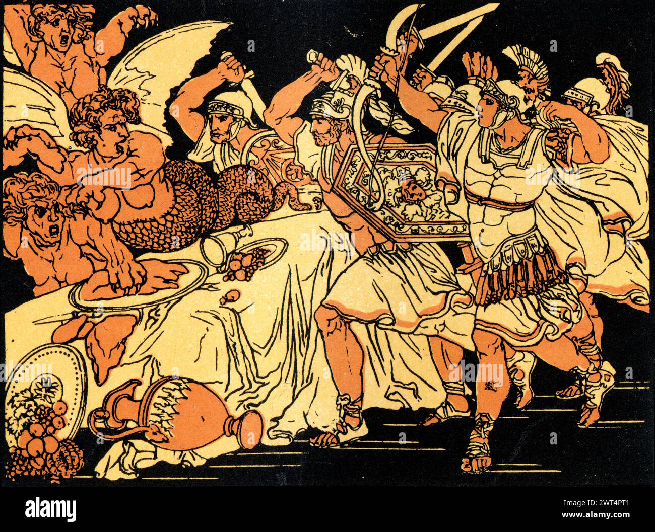 Illustrazione d'epoca mitologia romana, battaglia con le arpie, Eneide un poema epico latino che racconta la leggendaria storia di Enea, un troiano fuggito dalla fa Foto Stock