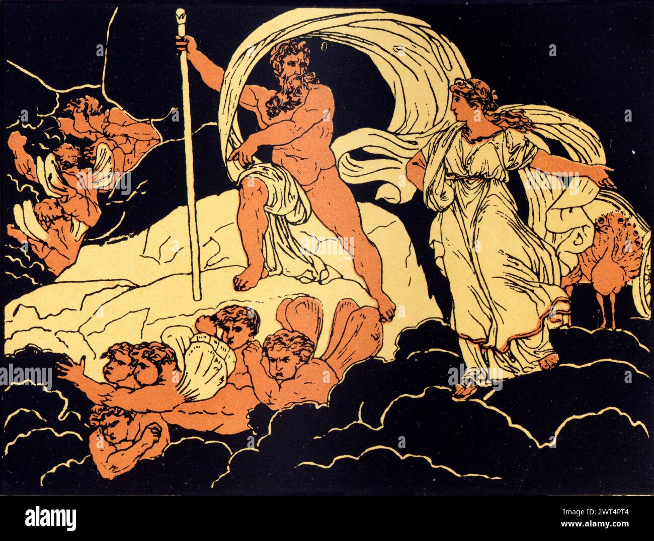 Illustrazione d'epoca mitologia romana, Giunone e Eolo, Eneide un poema epico latino che racconta la leggendaria storia di Enea, un troiano fuggito dalla caduta Foto Stock