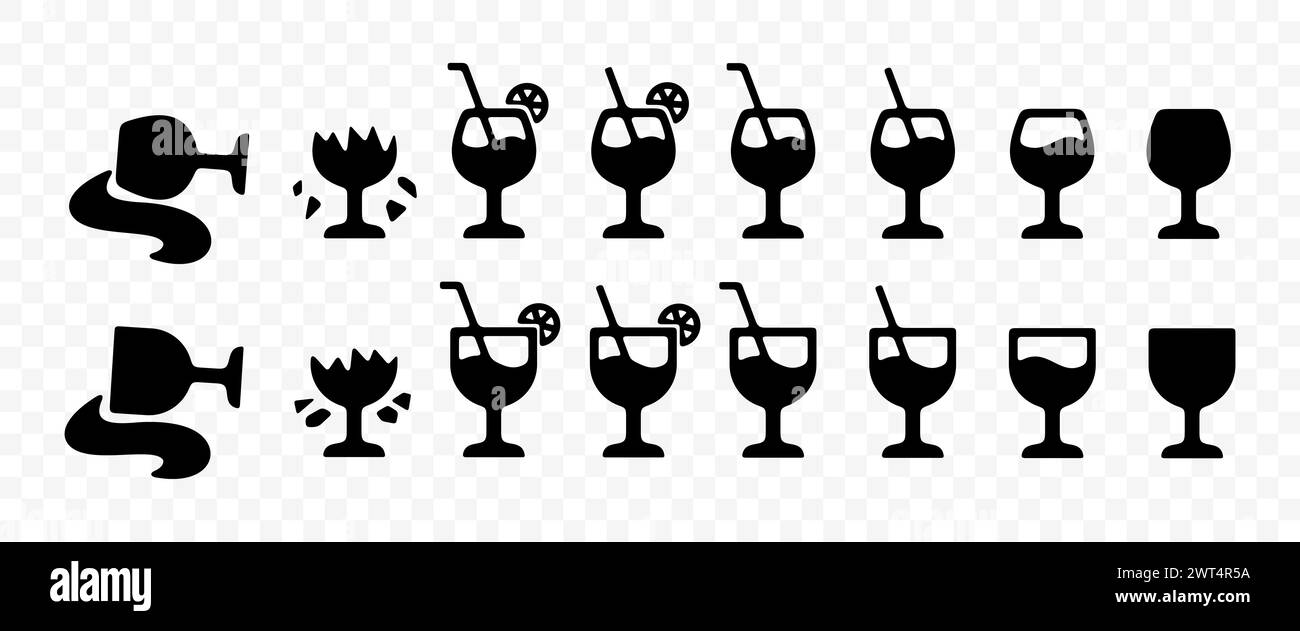 Set di bicchiere di vino con alcool, paglia, caduto e rotto, design grafico. Bevande e bevande, bevande, bar, vino, vermouth e sherry, progettazione vettoriale Illustrazione Vettoriale