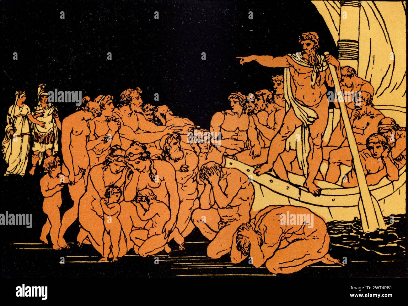 Illustrazione d'epoca mitologia romana, Caronte e i fantasmi, Eneide un poema epico latino che racconta la leggendaria storia di Enea, un troiano fuggito dal Foto Stock
