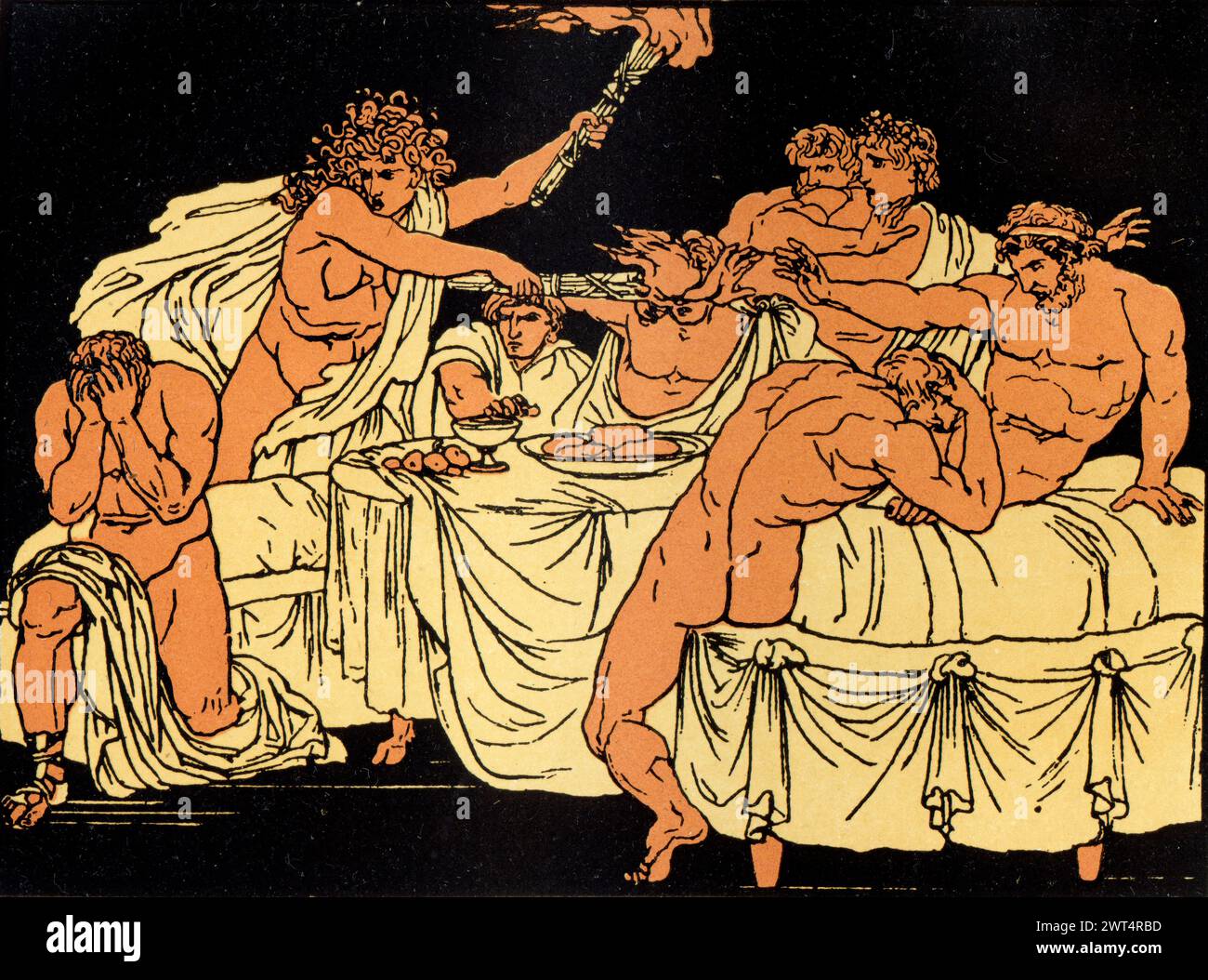 Illustrazione d'epoca mitologia romana, la furia alla festa, Eneide un poema epico latino che racconta la leggendaria storia di Enea, un troiano fuggito dal Foto Stock
