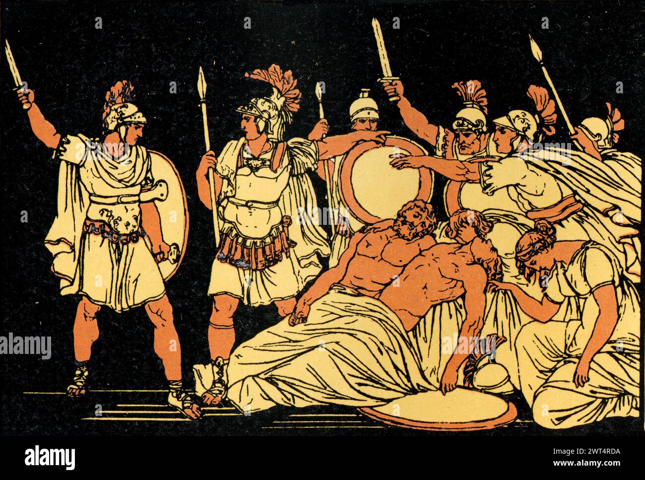 Illustrazione d'epoca mitologia romana, Turnus sui corpi di Almo e Galaesus, Eneide un poema epico latino che racconta la leggendaria storia di Enea, Foto Stock