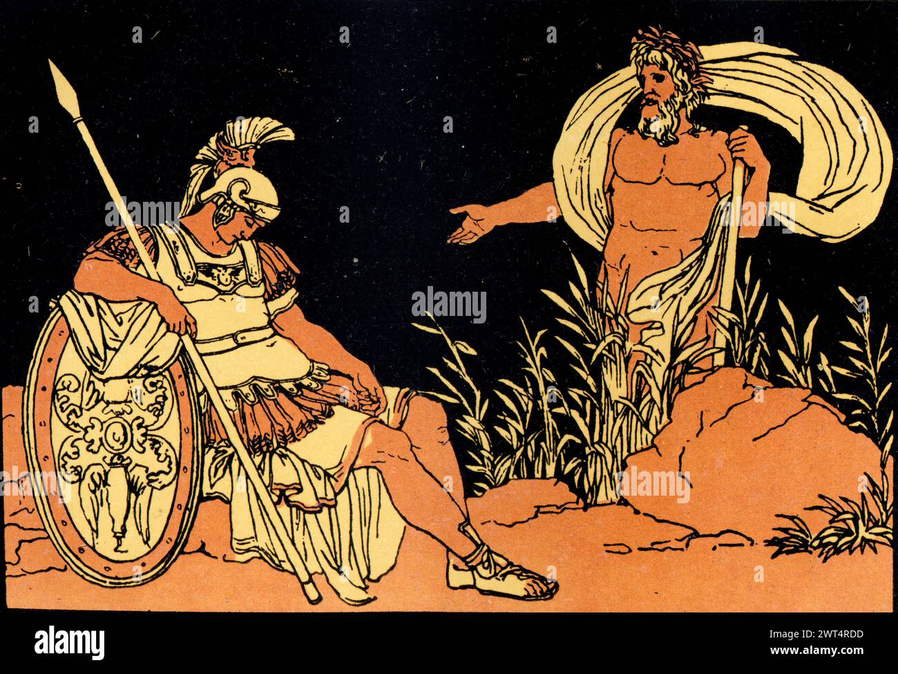 Illustrazione d'epoca mitologia romana, Enea e Tevere, Eneide un poema epico latino che racconta la leggendaria storia di Enea, un troiano fuggito dalla caduta Foto Stock