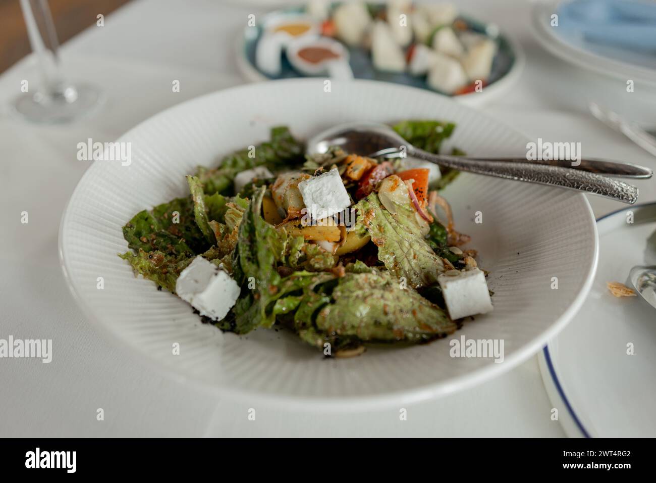 Un'insalata gourmet fresca, delizie di pesce, presentazione elegante. Foto Stock