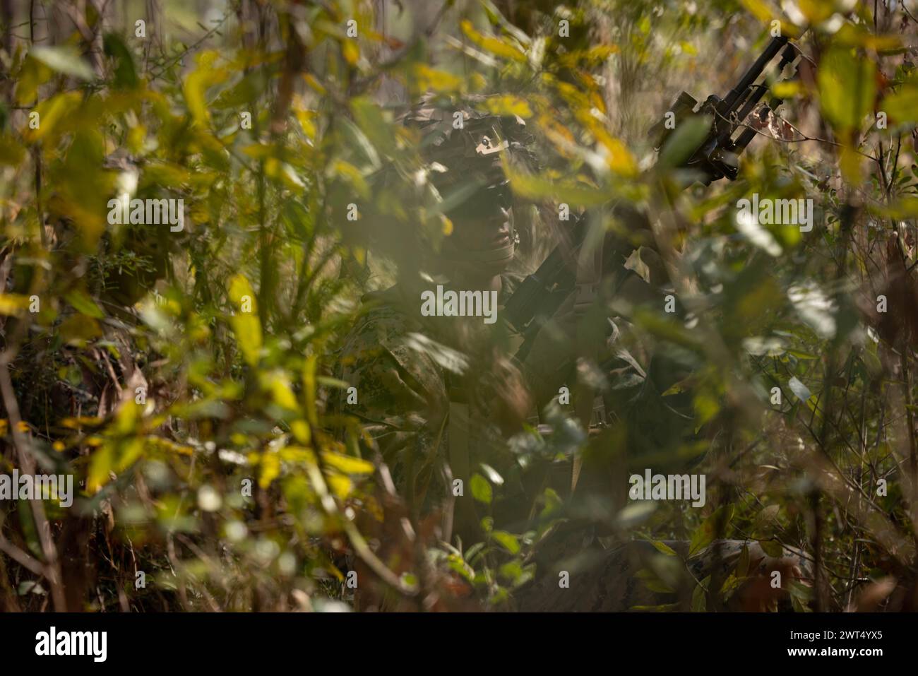 Un Marine degli Stati Uniti con Golf Company, 2nd Battalion, 23rd Marine Regiment, 4th Marine Division (MARDIV), Marine Forces Reserve, conduce una pattuglia come parte del 4th MARDIV Rifle Squad Competition on Marine Corps base (MCB) Camp Lejeune, North Carolina, 8 marzo 2024. L'evento di tre giorni ha testato i Marines attraverso una varietà di abilità di fanteria per determinare la squadra di fucili più efficace da combattimento all'interno del 4 ° MARDIV. Le strutture di addestramento MCB Camp Lejeune consentono ai combattenti di essere pronti oggi e prepararsi per la lotta di domani. (Foto del corpo dei Marines degli Stati Uniti di Antonino Mazzamuto) Foto Stock