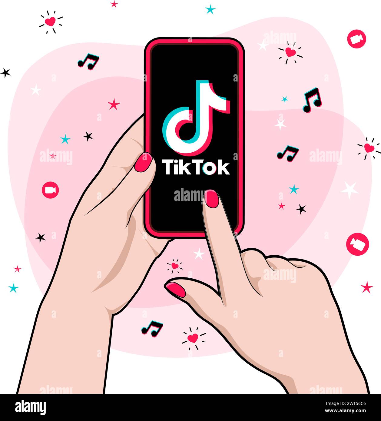 Mano di donna che tiene lo smartphone con il logo TikTok sullo schermo. Intrattenimento breve video social network. Illustrazione vettoriale con concetto adolescenziale. Illustrazione Vettoriale