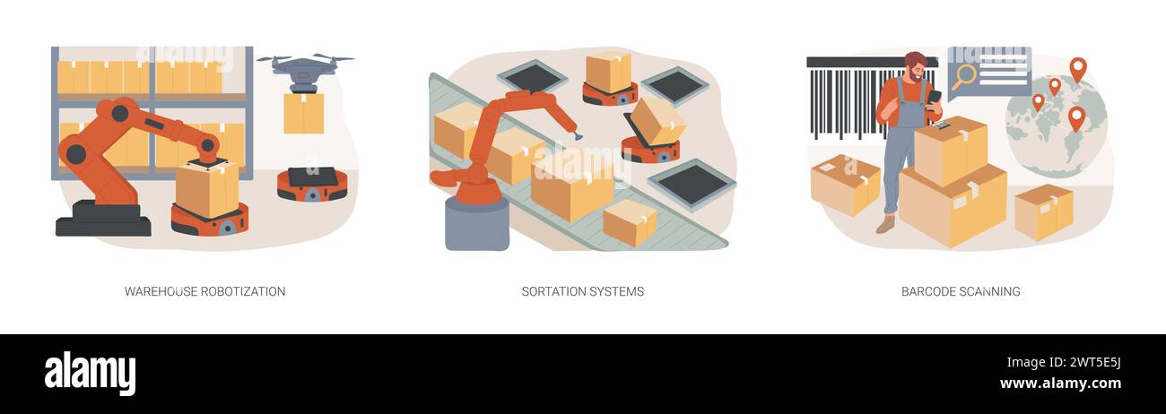 Ordinamento pacchi isolati concetto gruppo di illustrazioni vettoriali. Robotizzazione del magazzino, sistemi di smistamento, scansione di codici a barre, carrello elevatore, stoccaggio merci, trasportatore, elaborazione degli ordini, concetto vettoriale del lettore QR. Illustrazione Vettoriale