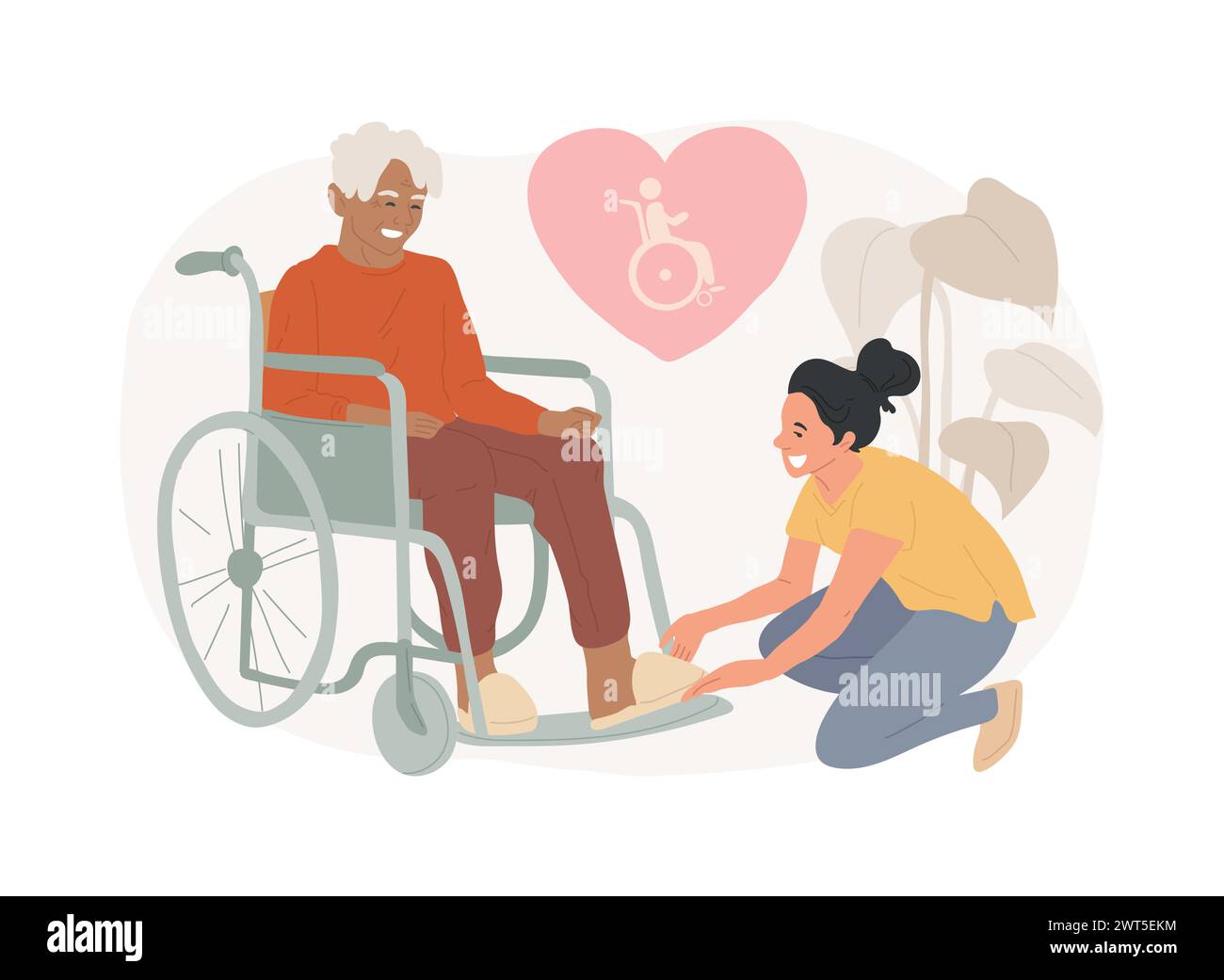 Cura dell'illustrazione vettoriale del concetto isolato disabilitato. Assistenza alla disabilità, sindrome di Down, anziano su sedia a rotelle, aiuto per anziani, concetto di vettore dei servizi professionali di assistenza domiciliare. Illustrazione Vettoriale