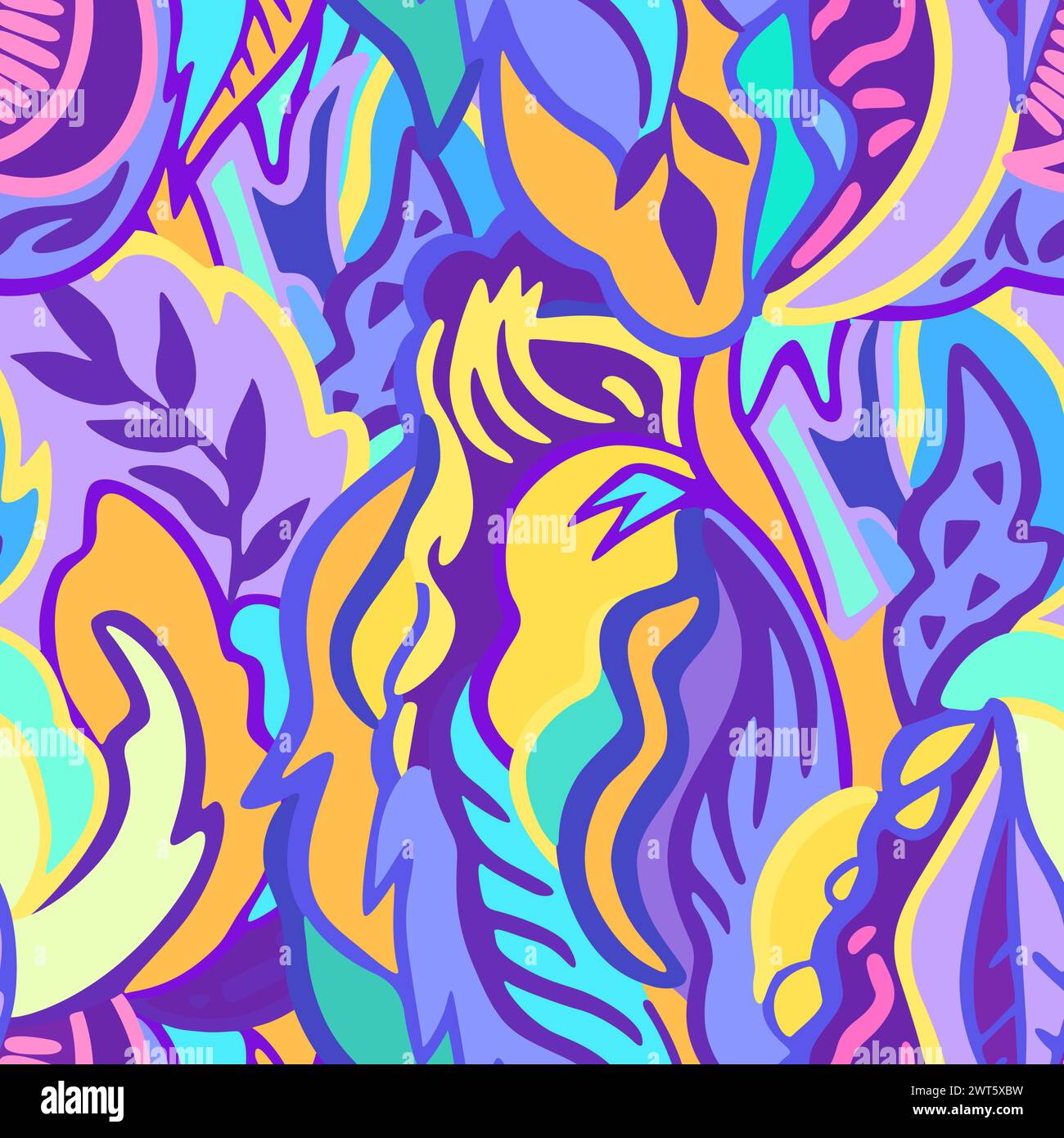 Motivo colorato senza cuciture con elementi astratti psichedelici e floreali caotici. Illustrazione vettoriale. Illustrazione Vettoriale