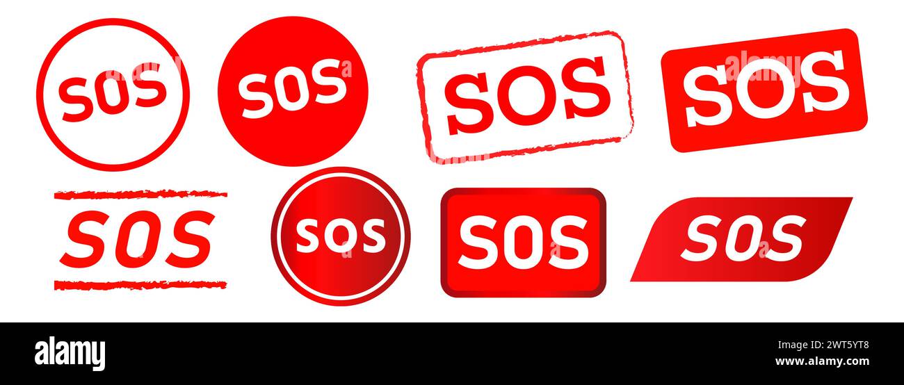 sos timbro circolare rettangolare e adesivo con etichetta pulsante per il servizio di emergenza Illustrazione Vettoriale