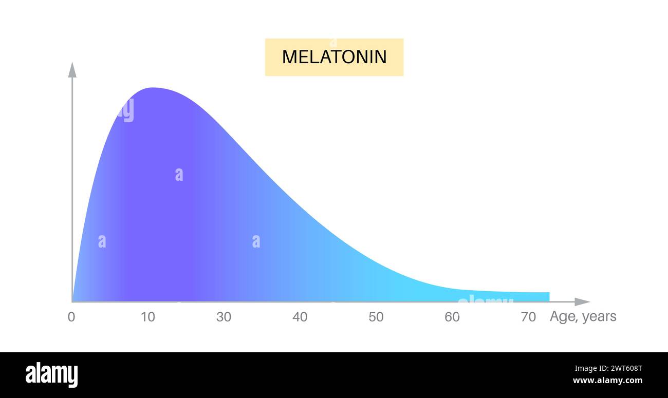 Dipendenza della melatonina dall'età nel corpo umano, illustrazione. La melatonina è il livello di ormone che il cervello produce in risposta all'oscurità, al tempo di veglia del sonno e alla regolazione della pressione sanguigna. Foto Stock