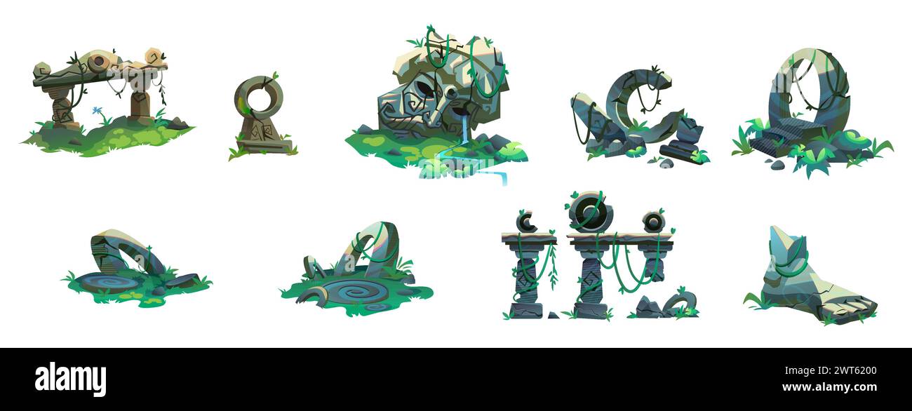 Antiche rovine di antichi edifici e statue della civiltà perduta. Serie di illustrazioni vettoriali a cartoni con tempio in pietra con viti verdi di liana e erba nella giungla Illustrazione Vettoriale