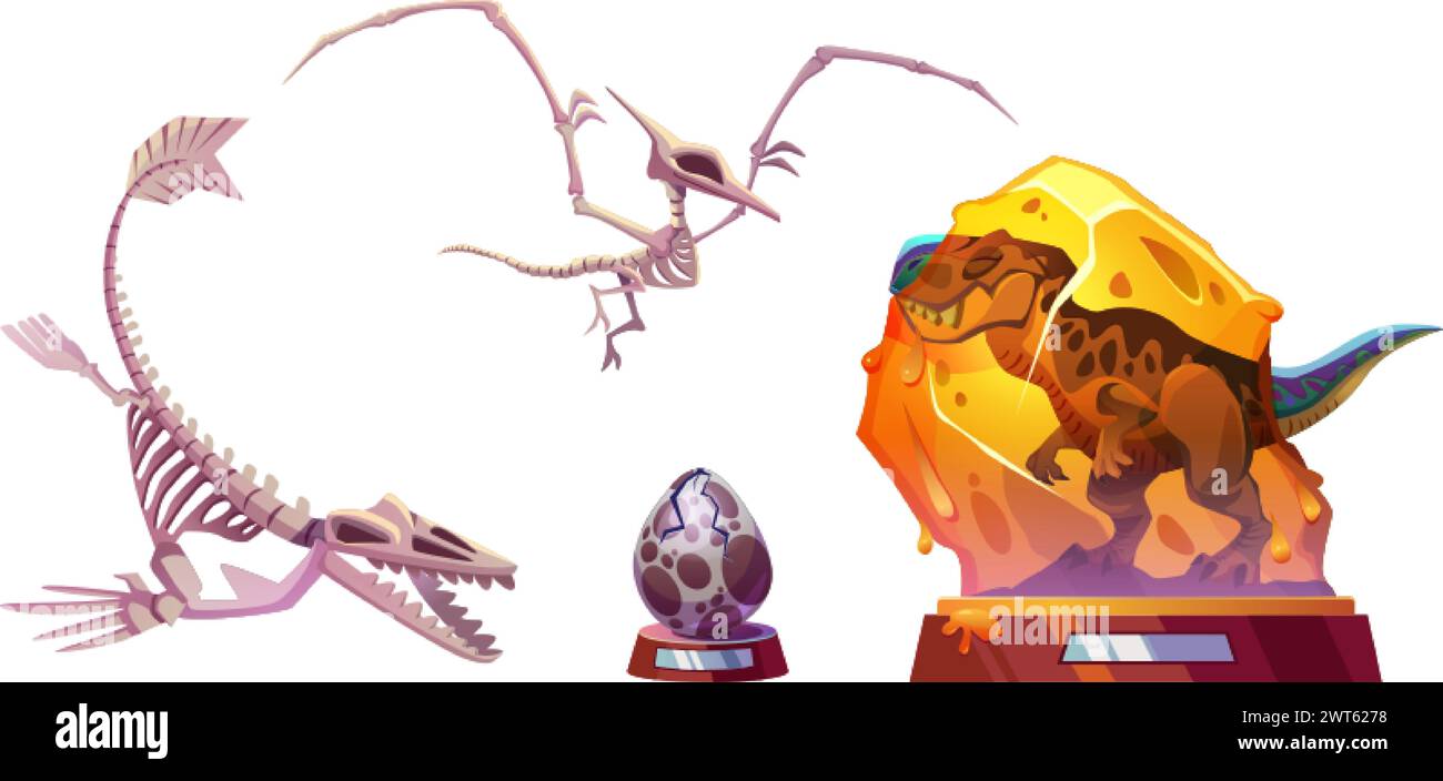 Mostre del museo archeologico della preistoria: Scheletri di dinosauro, animali ricreati e uova incrinate sul banco. Collezione di illustrazioni vettoriali cartoni animati o Illustrazione Vettoriale