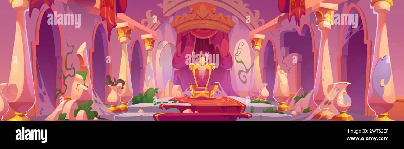 Vecchia sala del castello abbandonata con il trono del re. Illustrazione vettoriale a cartoni dell'interno della sala del palazzo reale con pareti danneggiate e colonne di pietra, corta lacerata Illustrazione Vettoriale