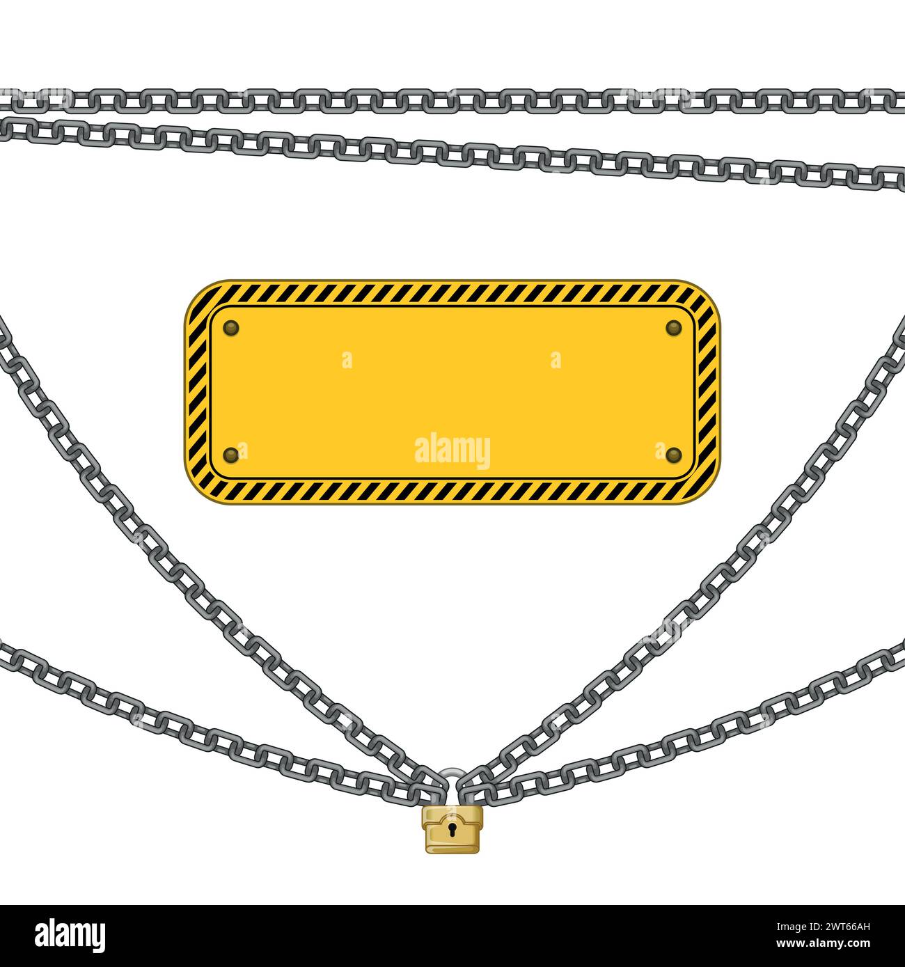 Design vettoriale del cartello di avviso con lucchetto e catene Illustrazione Vettoriale
