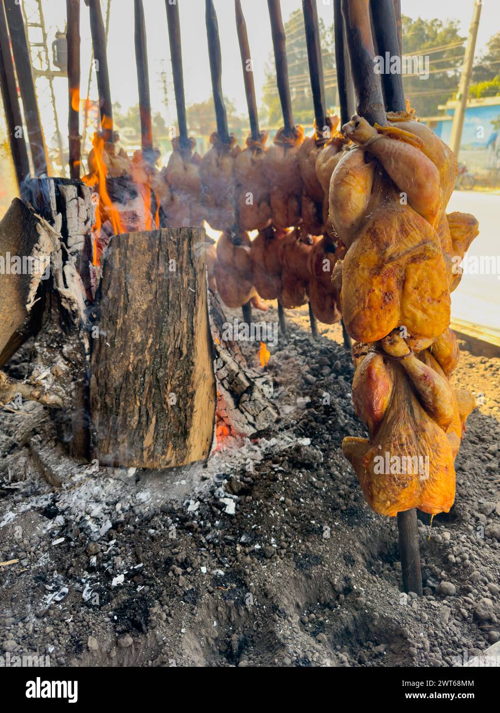 Sajji di pollo Balochi che cucina sul fuoco aperto in Pakistan Foto Stock