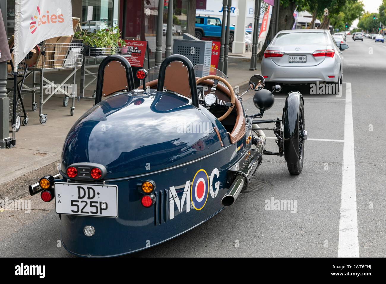 Morgan 3, auto sportiva prodotta dalla società britannica Morgan, parcheggiata a Tanunda nella Barossa Valley, Australia meridionale Foto Stock