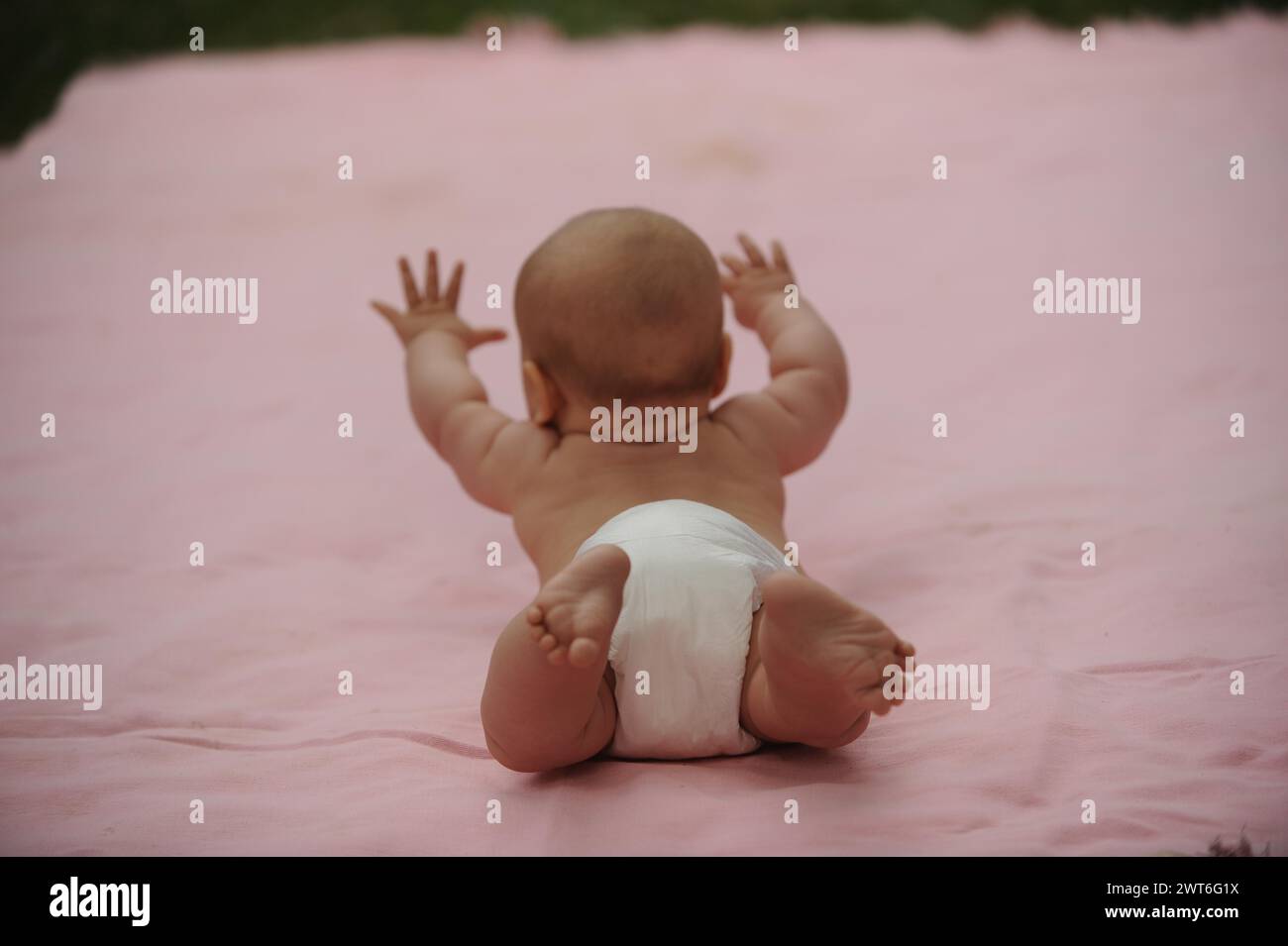 Ein Baby auf dem Bauch liegend streckt sich und schaut neugierig ueber eine rosa Decke, Bonn, Deutschland Foto Stock