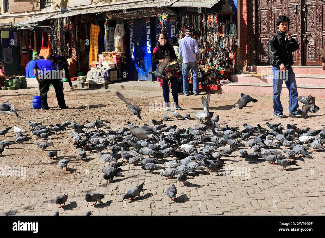 Un gregge di piccioni circondano le persone che camminano in una scena urbana, la valle di Kathmandu, Kathmandu, Nepal Foto Stock