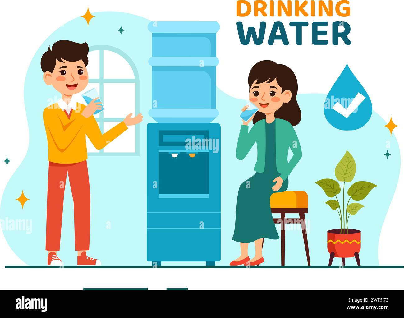 Persone che bevono acqua da bottiglie e bicchieri in plastica con concetto Pure Clean Fresh nell'illustrazione del vettore di cartone animato per bambini Illustrazione Vettoriale