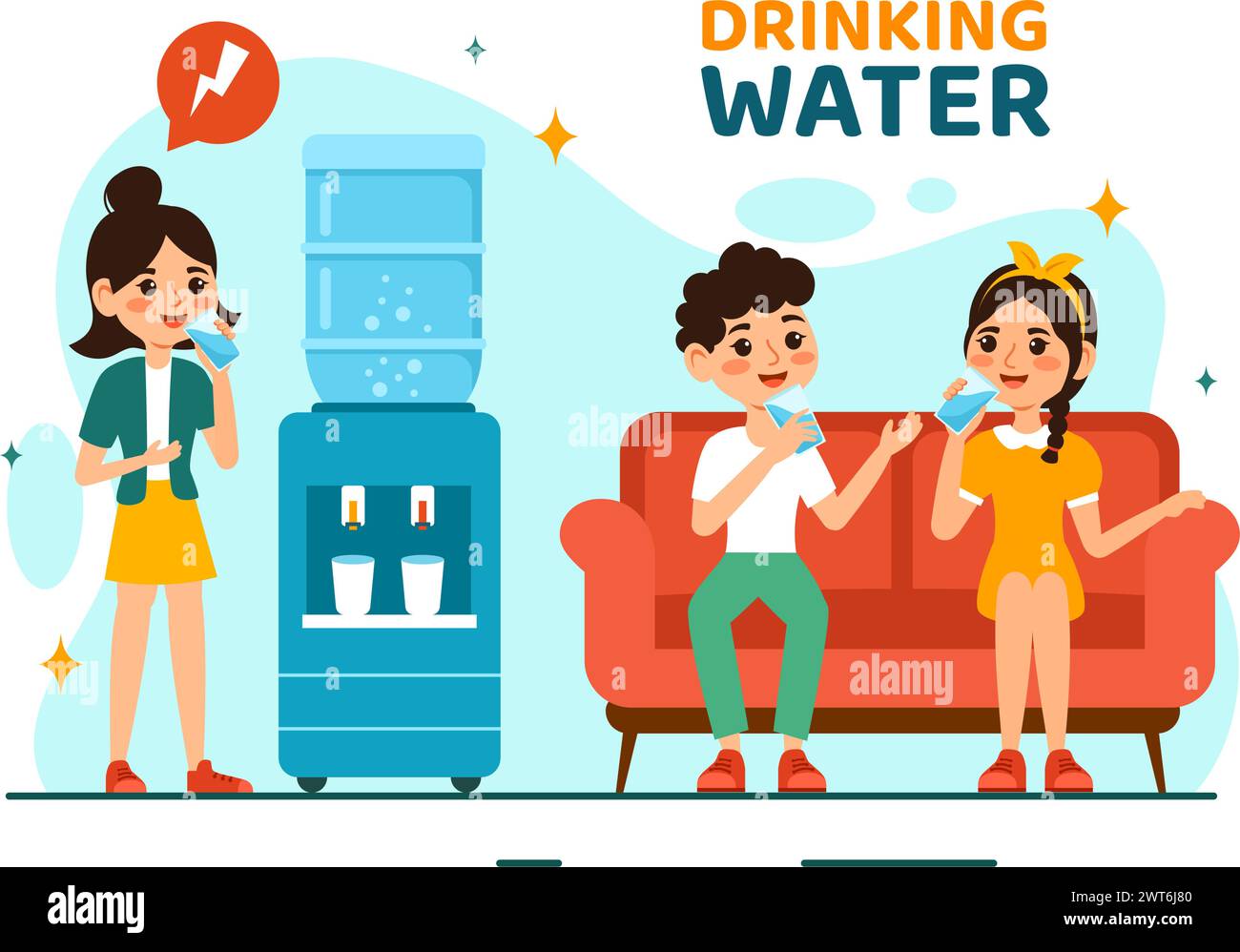 Persone che bevono acqua da bottiglie e bicchieri in plastica con concetto Pure Clean Fresh nell'illustrazione del vettore di cartone animato per bambini Illustrazione Vettoriale