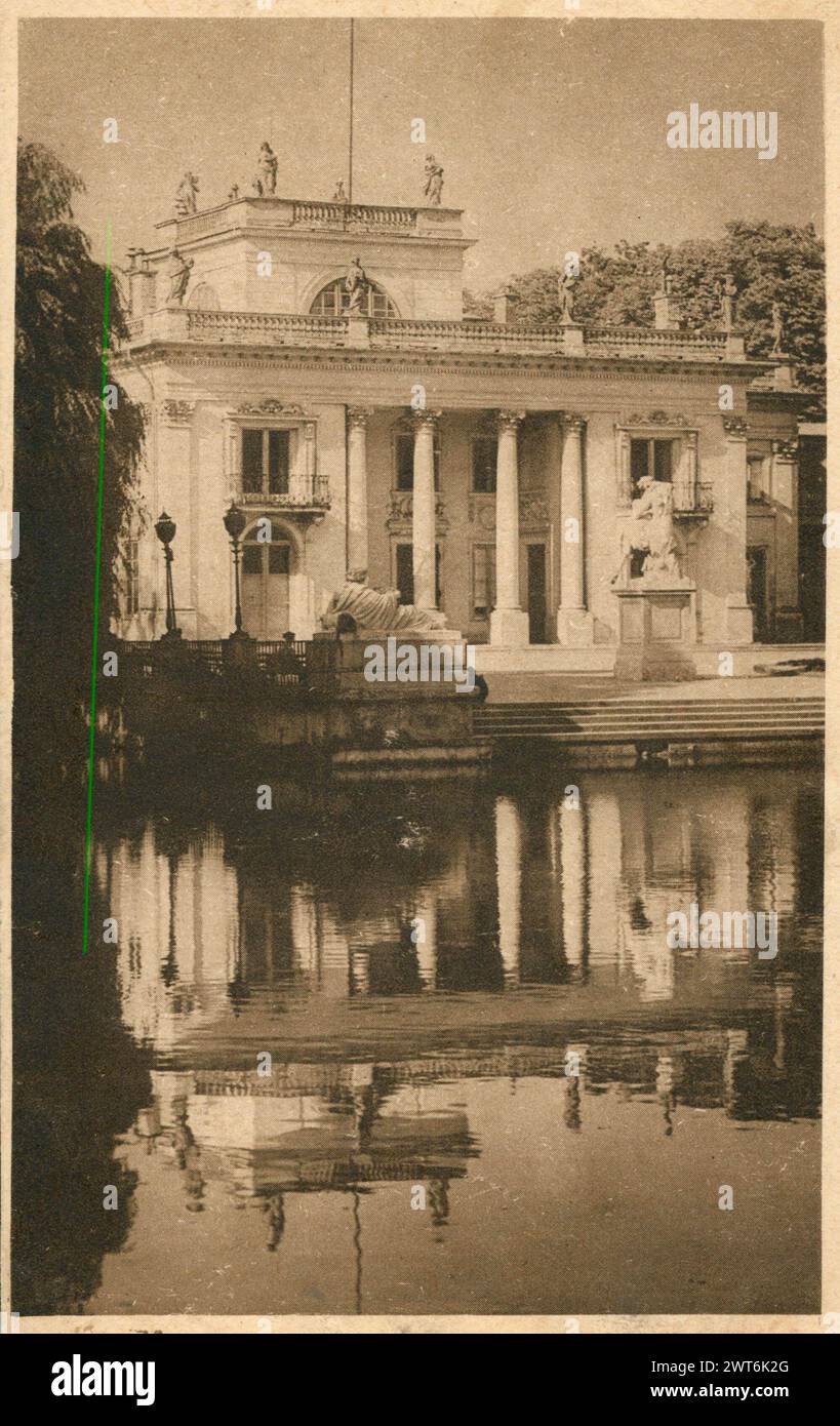Cartolina d'epoca che mostra una vista del Palazzo del Re o del Palazzo sull'isola nel Parco Lazienki, Varsavia, Polonia, Europa Foto Stock