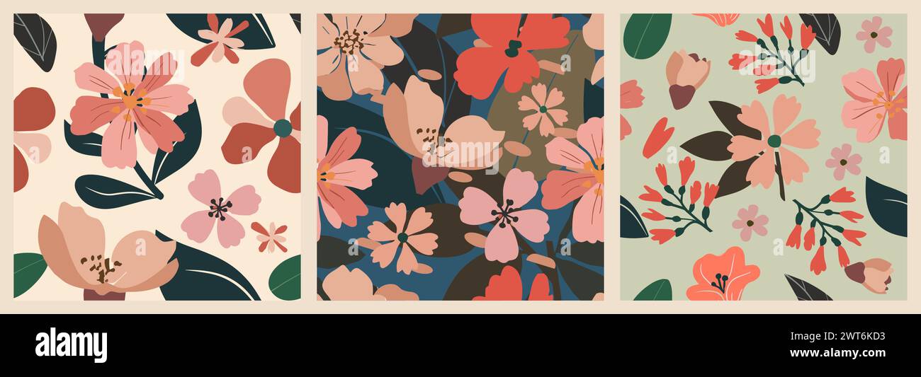 Set di fiori di ciliegio senza cuciture. Illustrazione Vettoriale