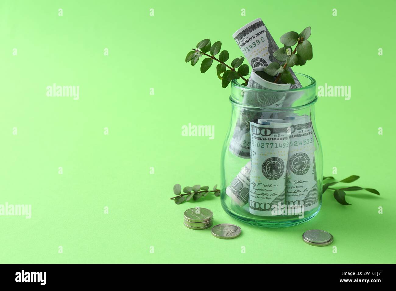 Risparmi finanziari. Banconote da un dollaro in vaso di vetro, ramoscelli e monete su sfondo verde Foto Stock