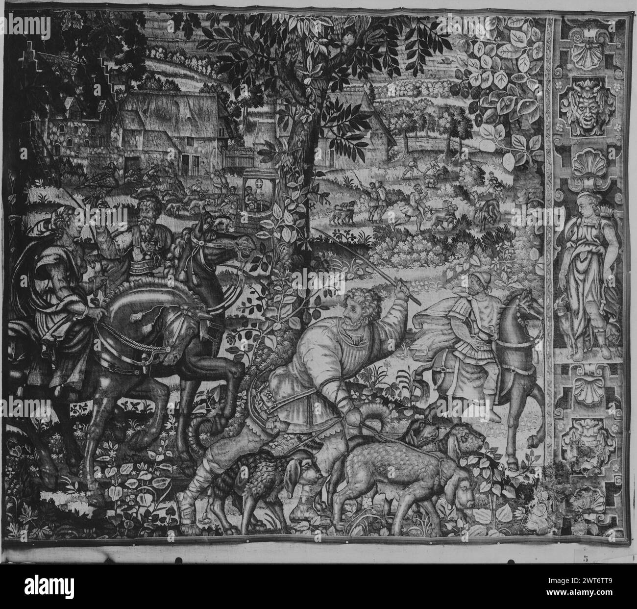 Aprile/Toro. Orley, Bernart van (fiammingo (prima del 1600) - Fiandre, CA.1492-1542) (disegnatore) c. 1600-1625 arazzi materiali/tecniche: Sconosciuta Cultura: Flemish Weaving Center: Sconosciuto nel paesaggio, signora & gentiluomo montato a cavallo mentre la signora tiene il falco sulla mano dei guanti; l'assistente maschio tiene i guinzagli ai cani; paesaggio [foresta di Soignes] con villaggio, cacciatori e cani da caccia sullo sfondo Balis, Chasses de Maximilien (1993), fig. 46 Parigi (Louvre), Dessins Pays-Bas (1968), 52-57, Cat. 178-189 opere correlate: Arazzi compositivamente simili, GCPA 0239633, 023963 Foto Stock