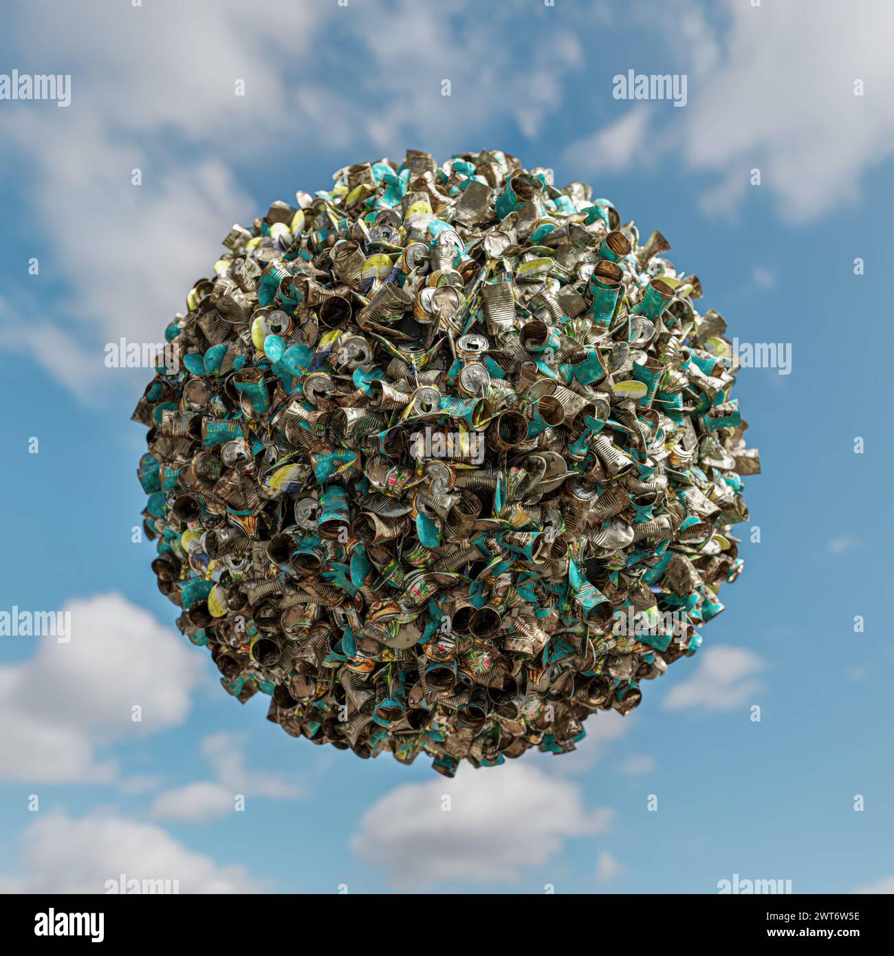 Rendering 3D di un piccolo pianeta fatto di lattine di metallo usate schiacciate sopra il cielo blu Foto Stock