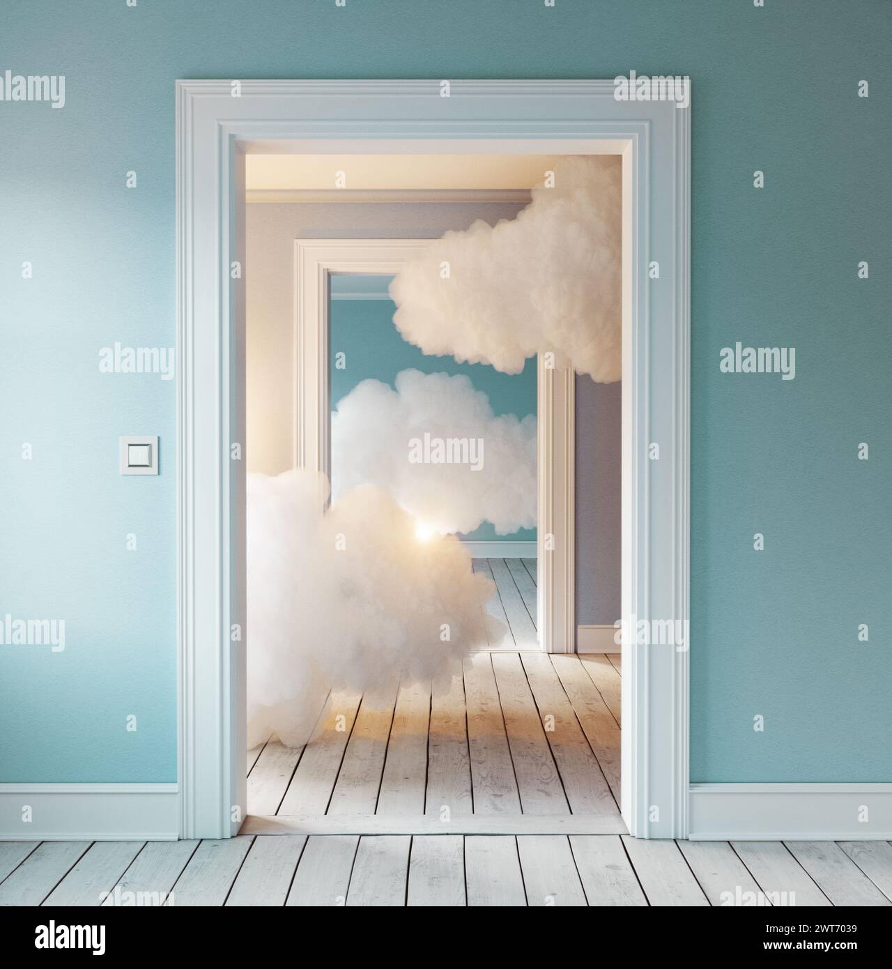 nuvole in camera. rendering di concept creativi 3d. Foto Stock