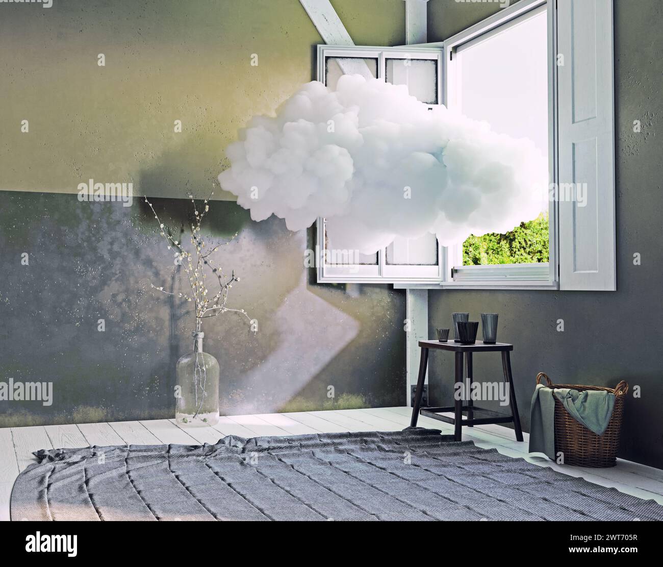 Il cloud in camera. 3d concetto creativo il rendering Foto Stock