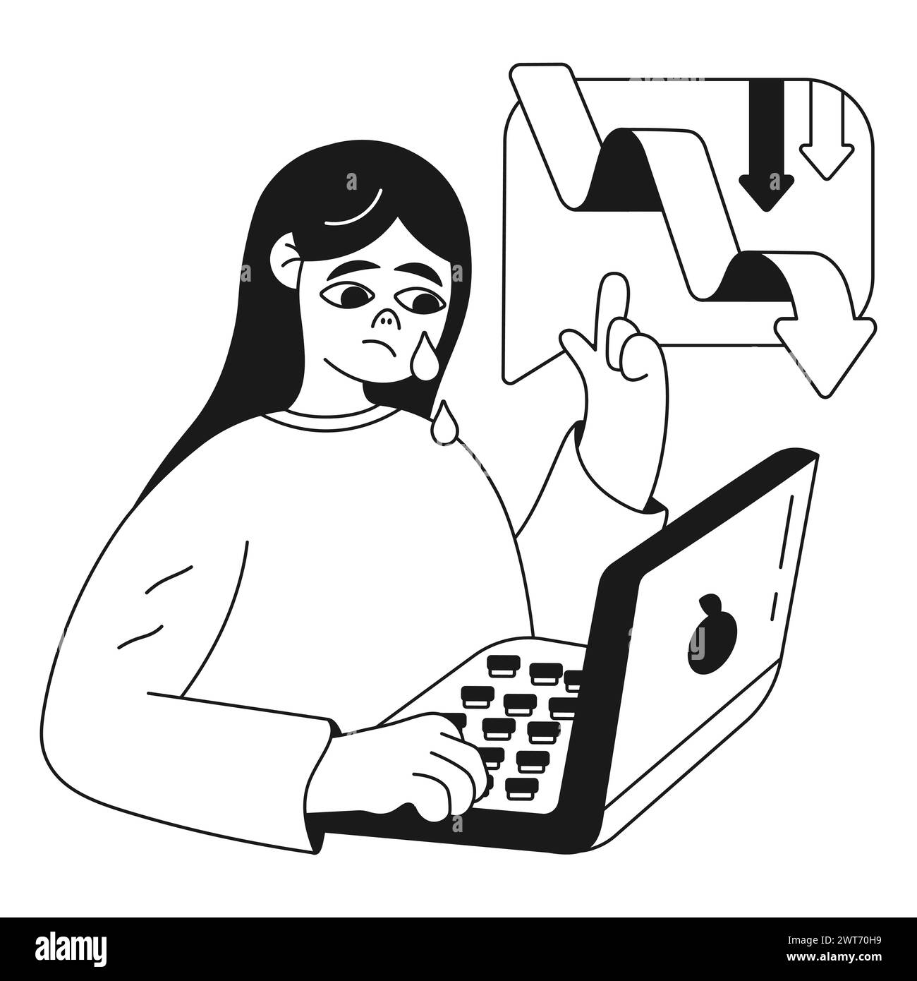 Illustrazione digitale di una ragazza al computer che piange le valutazioni basse Illustrazione Vettoriale