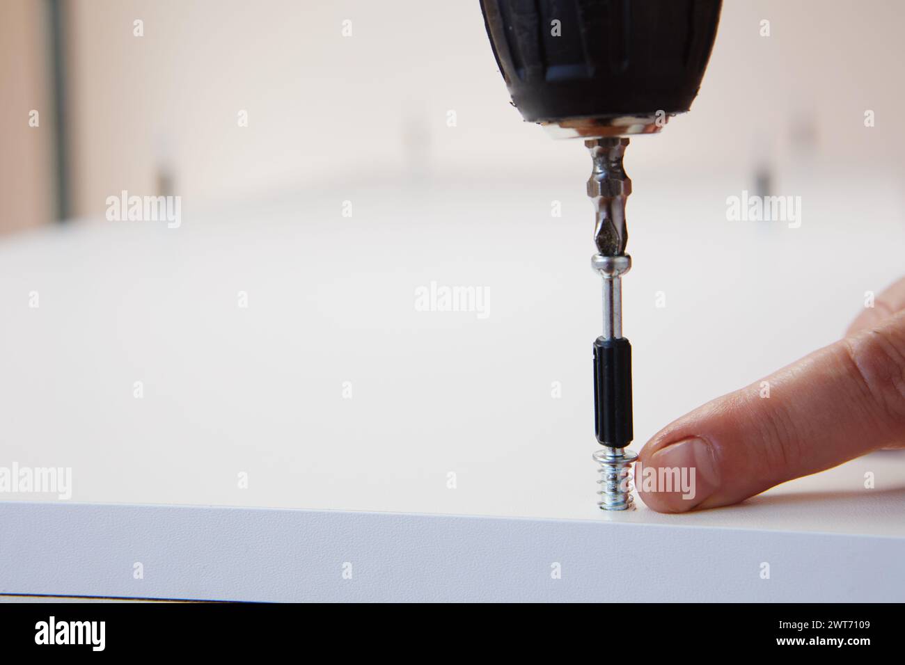 Giunzione per mobili, spina di collegamento per controdado camma, viti assemblatore vite di collegamento nel pannello truciolato con un cacciavite elettrico. Foto Stock