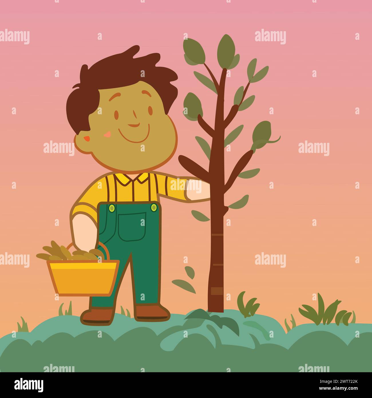 Questa illustrazione vettoriale mostra un uomo di cartoni animati che piantano piantine in un giardino. Un uomo è vestito in tuta e scava buchi nel terreno con una pala. Illustrazione Vettoriale