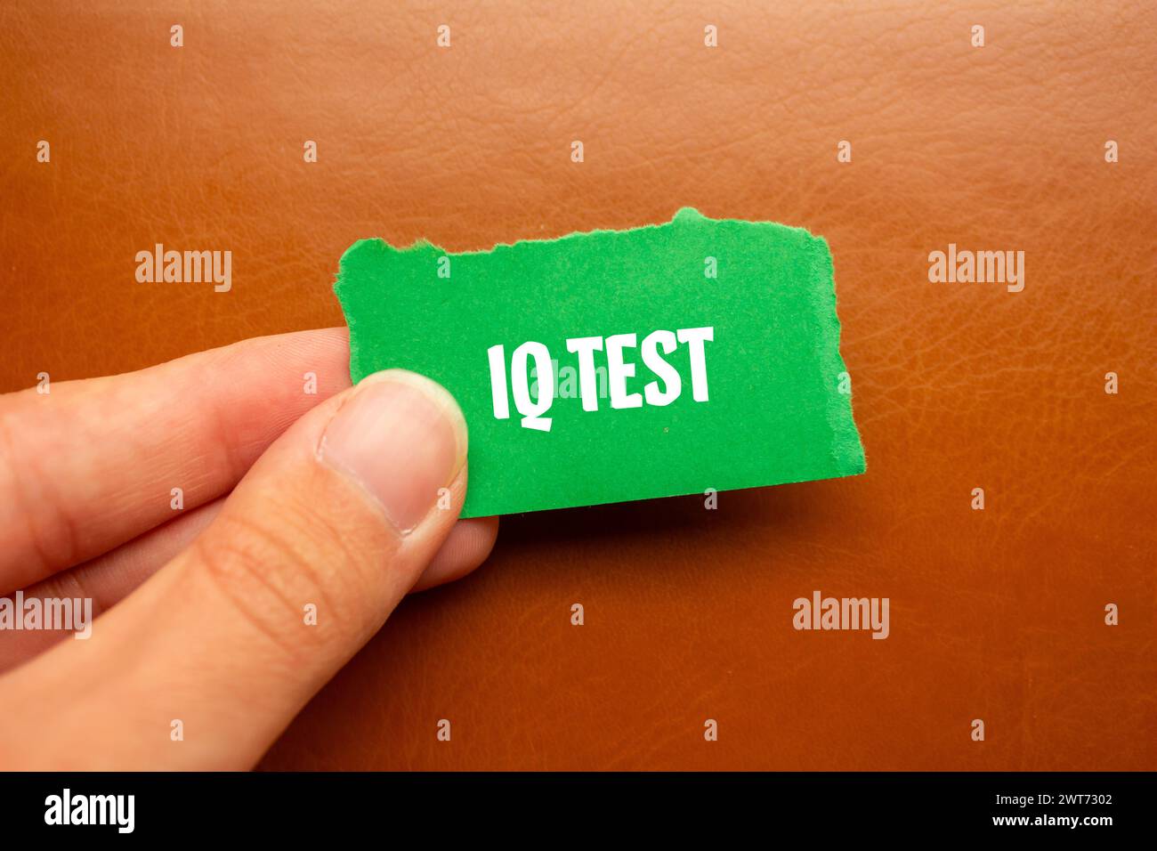 Parole di prova IQ scritte su carta strappata verde con sfondo marrone. Simbolo concettuale. Copia spazio. Foto Stock