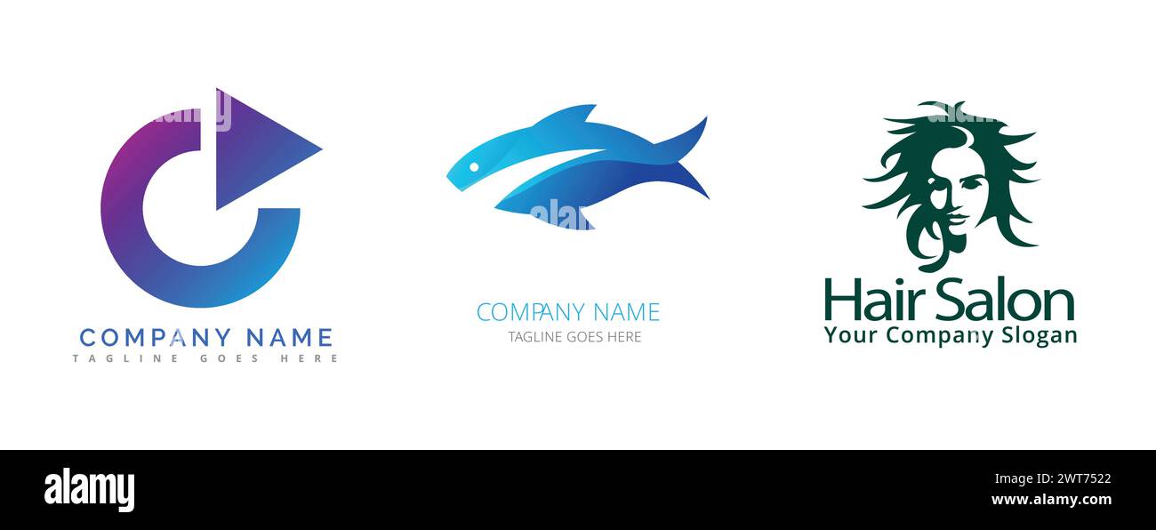 Blue fish, Company Play, parrucchiere. Collezione di logo vettoriali editoriali. Illustrazione Vettoriale