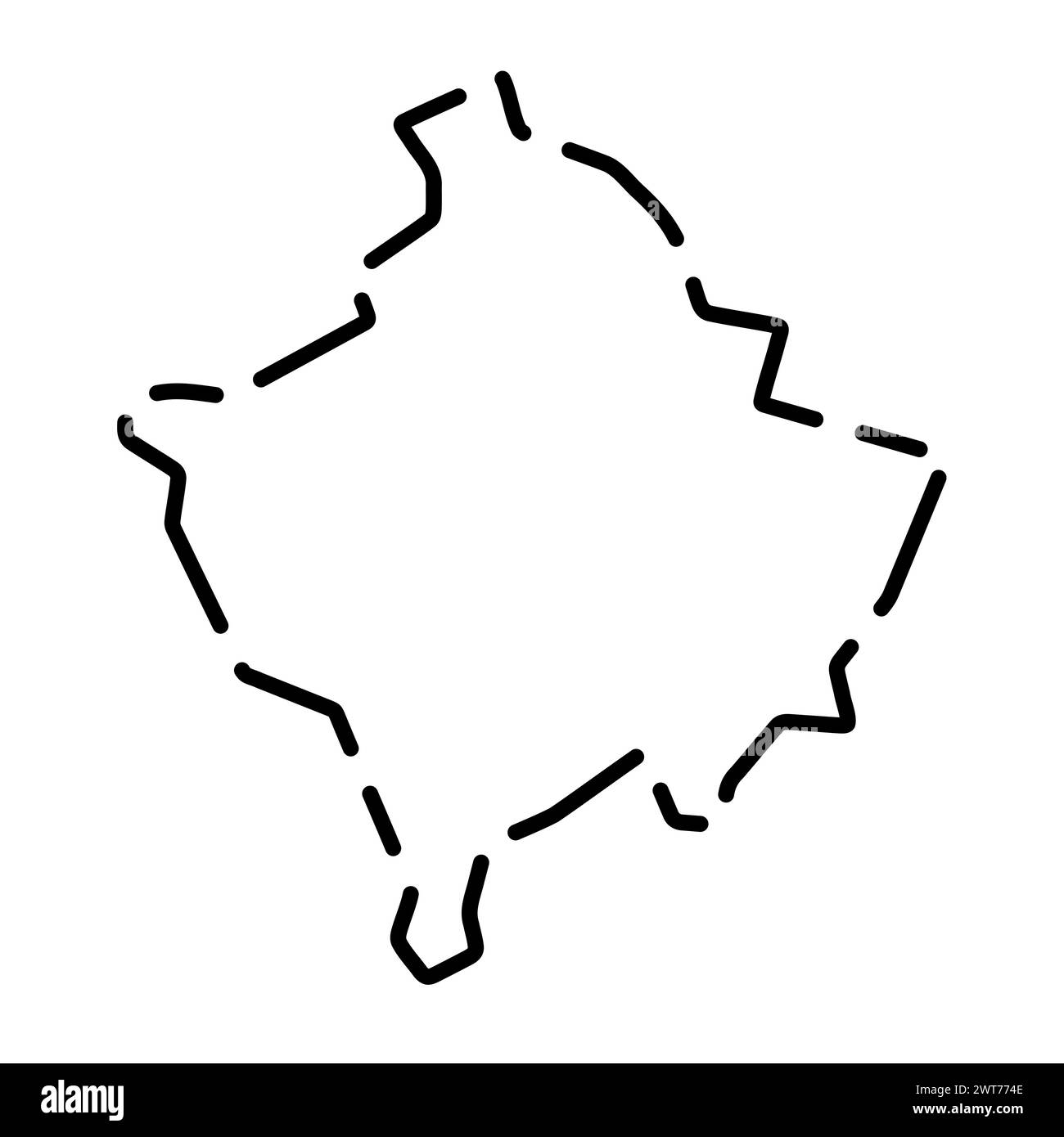 Mappa semplificata del paese del Kosovo. Contorno nero interrotto su sfondo bianco. Semplice icona vettoriale Illustrazione Vettoriale