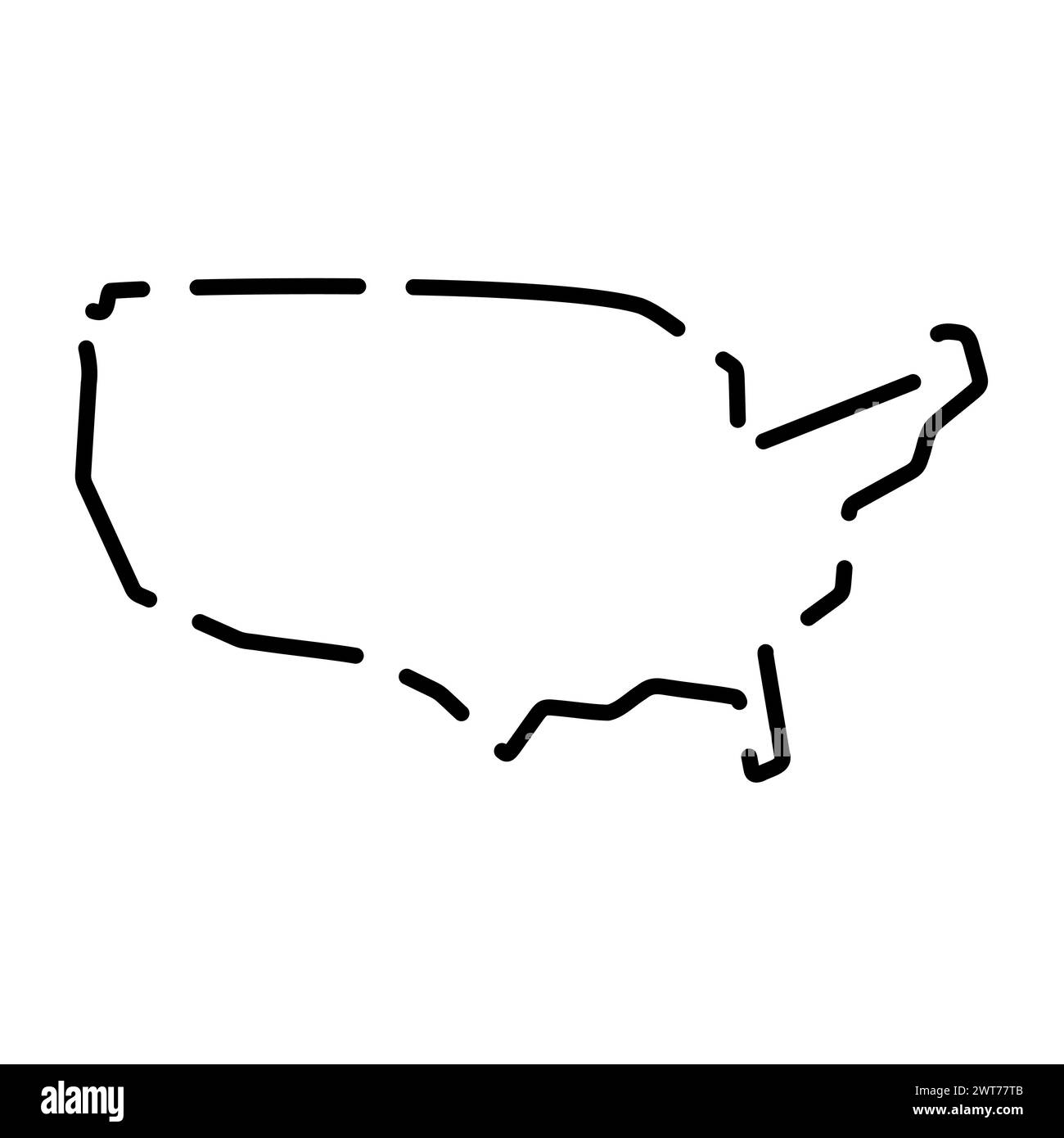 Mappa semplificata degli Stati Uniti d'America. Contorno nero interrotto su sfondo bianco. Semplice icona vettoriale Illustrazione Vettoriale
